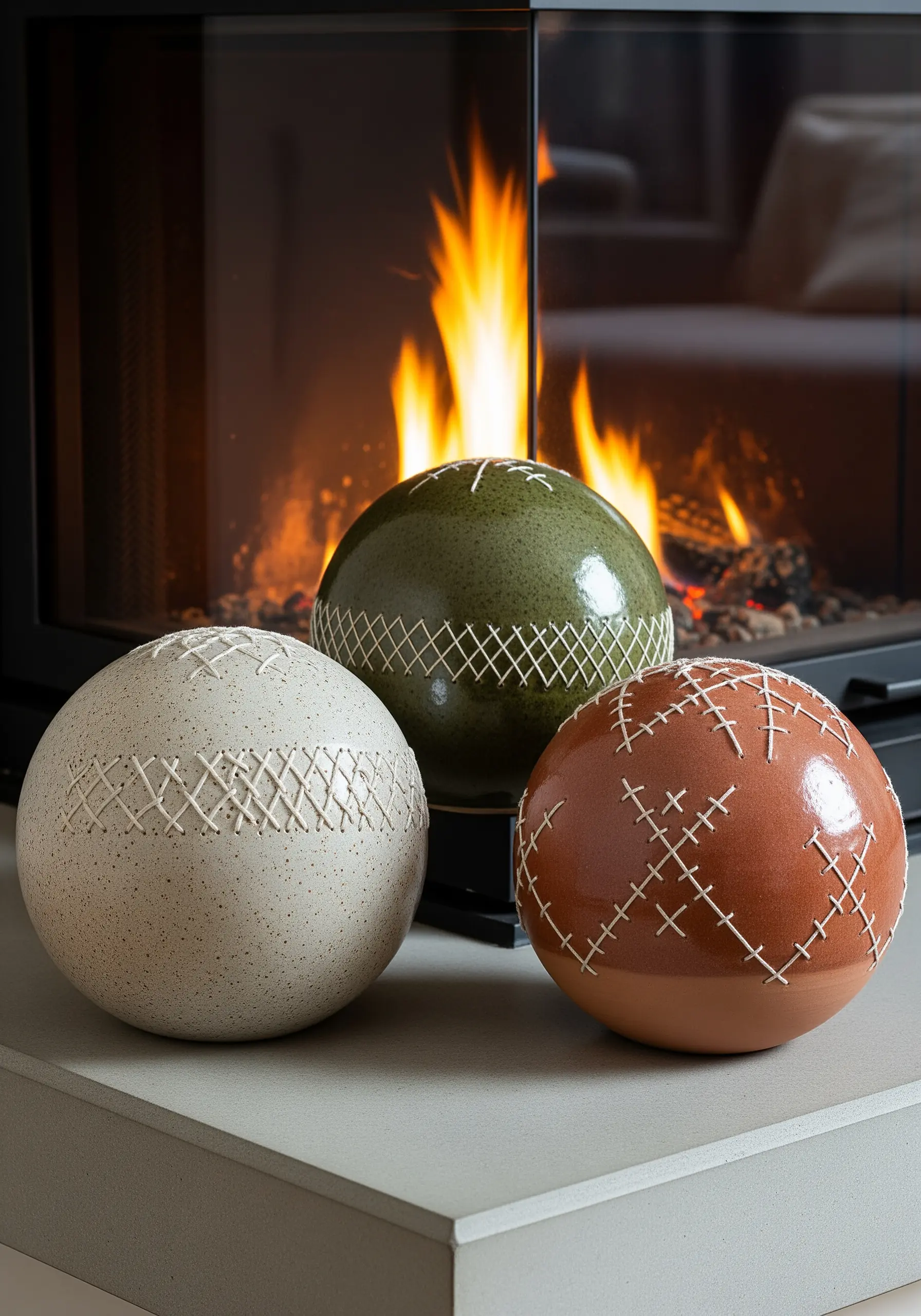 Three ceramic-like spheres in terracotta, cream, and olive green, each decorated with simple white cross-hatch stitches.