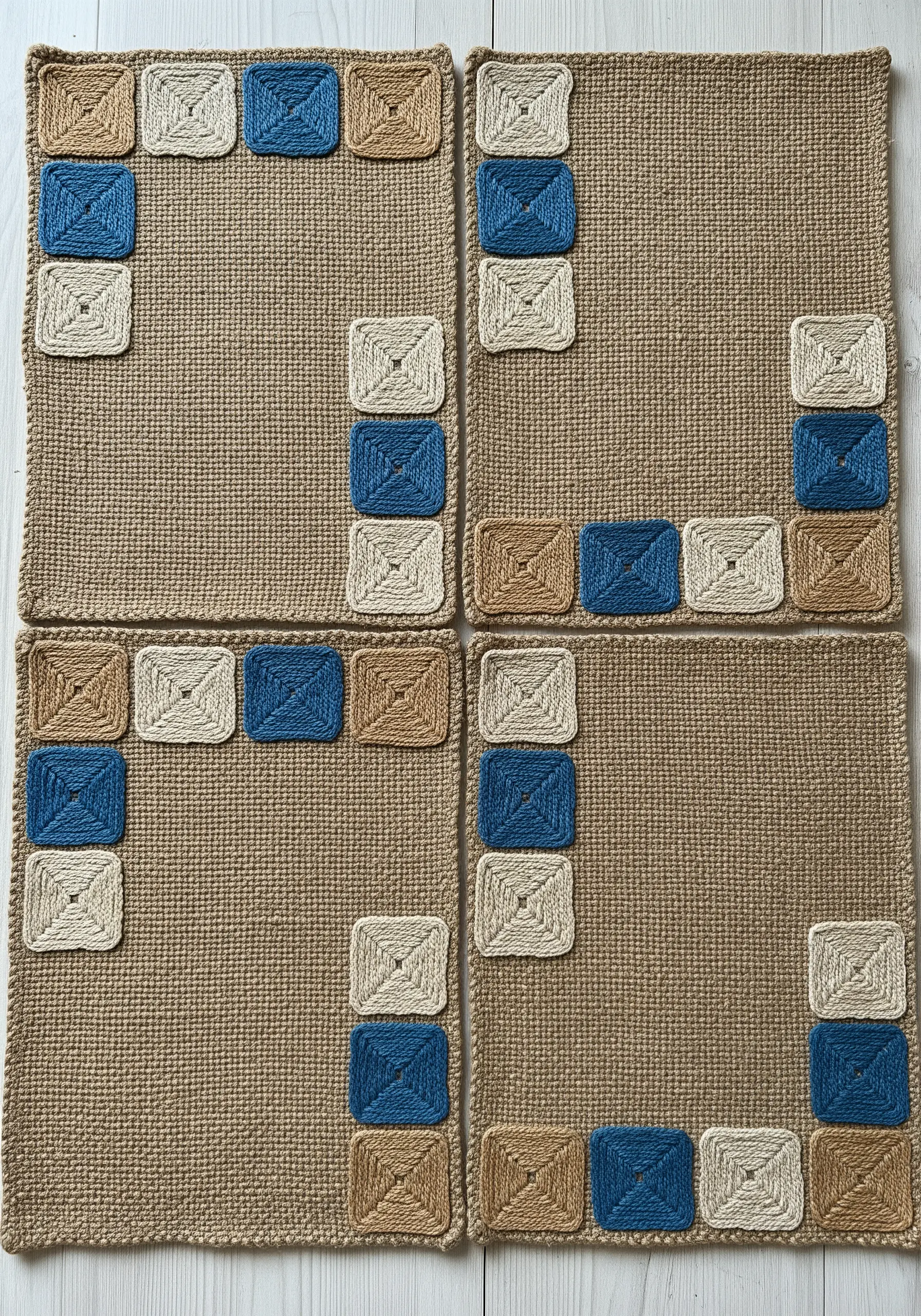 Jute placemats with corner details of woven squares in blue, white, and tan yarn.
