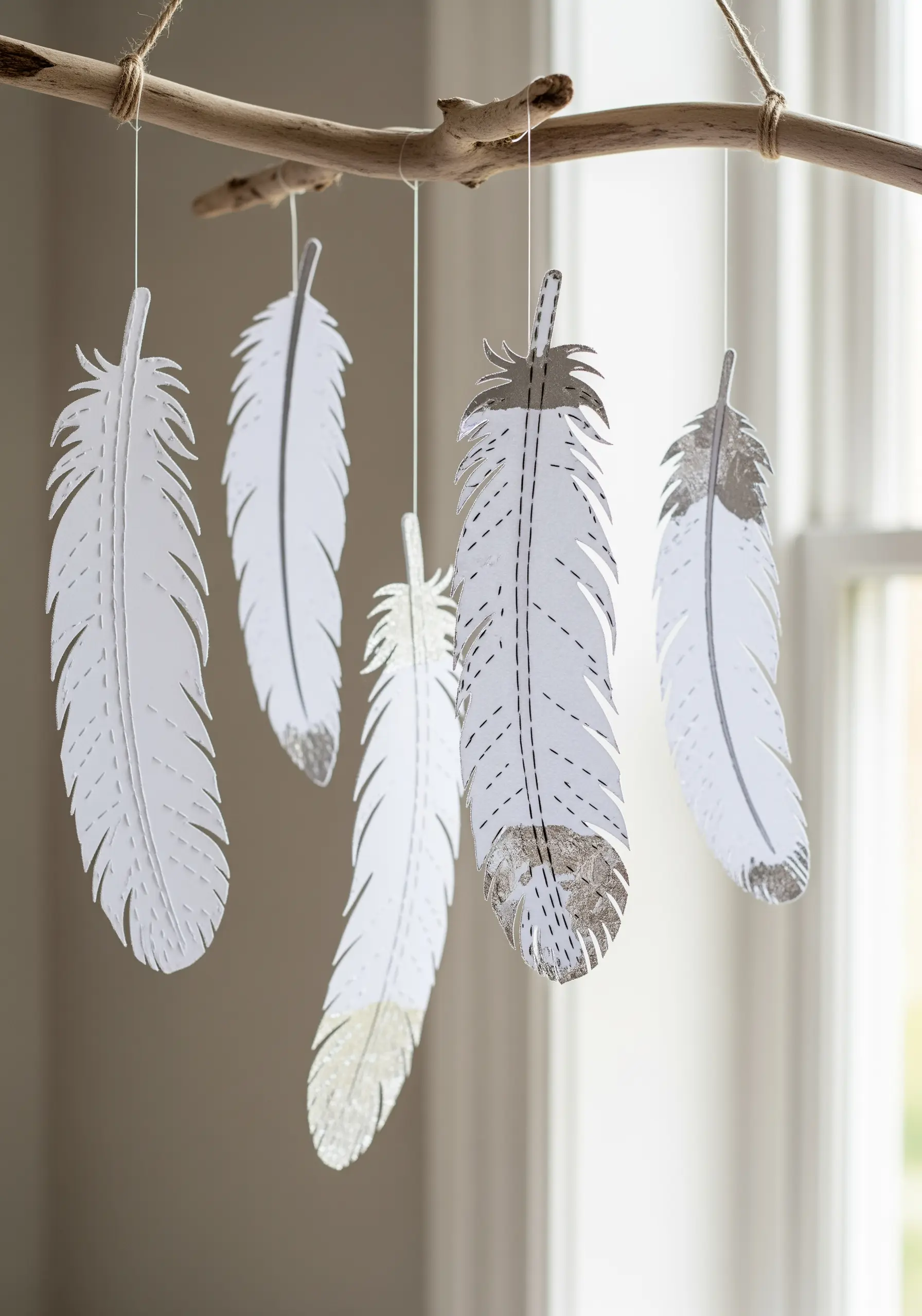 White paper feathers with silver foil accents and simple stitched lines.