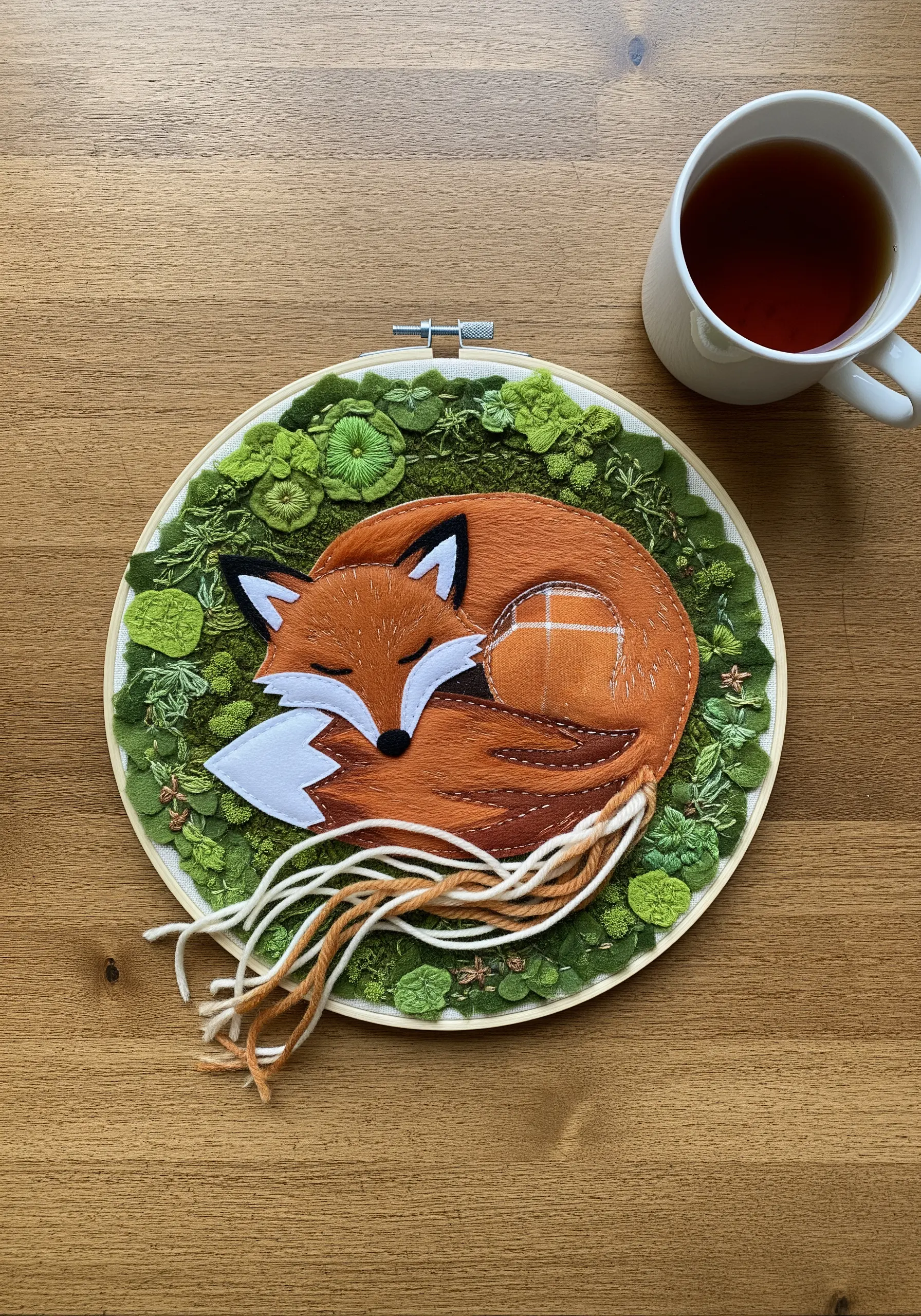 Appliqué sleeping fox made from flannel and felt on a textured, mossy ground.