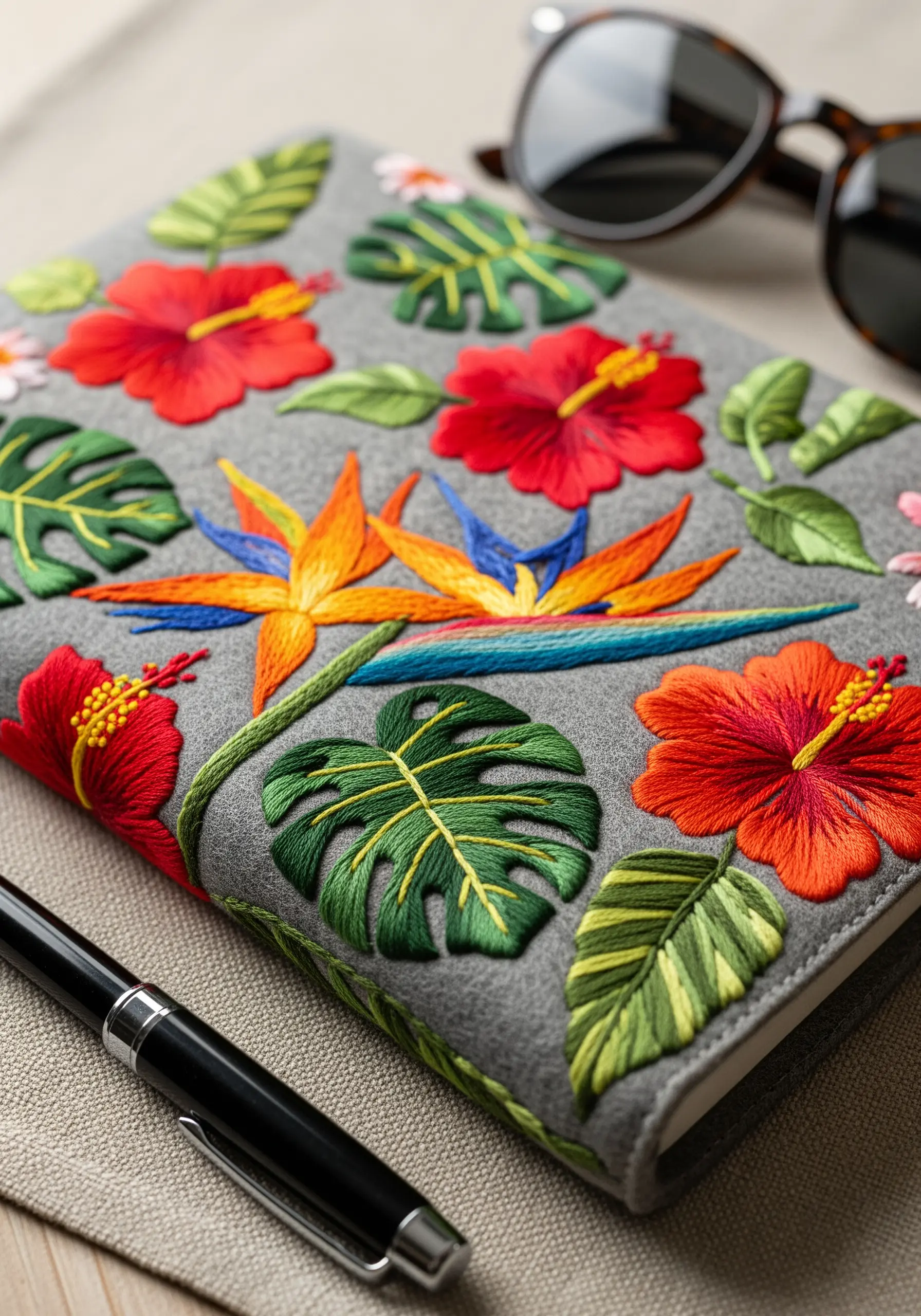 Grey notebook cover with embroidered tropical flowers