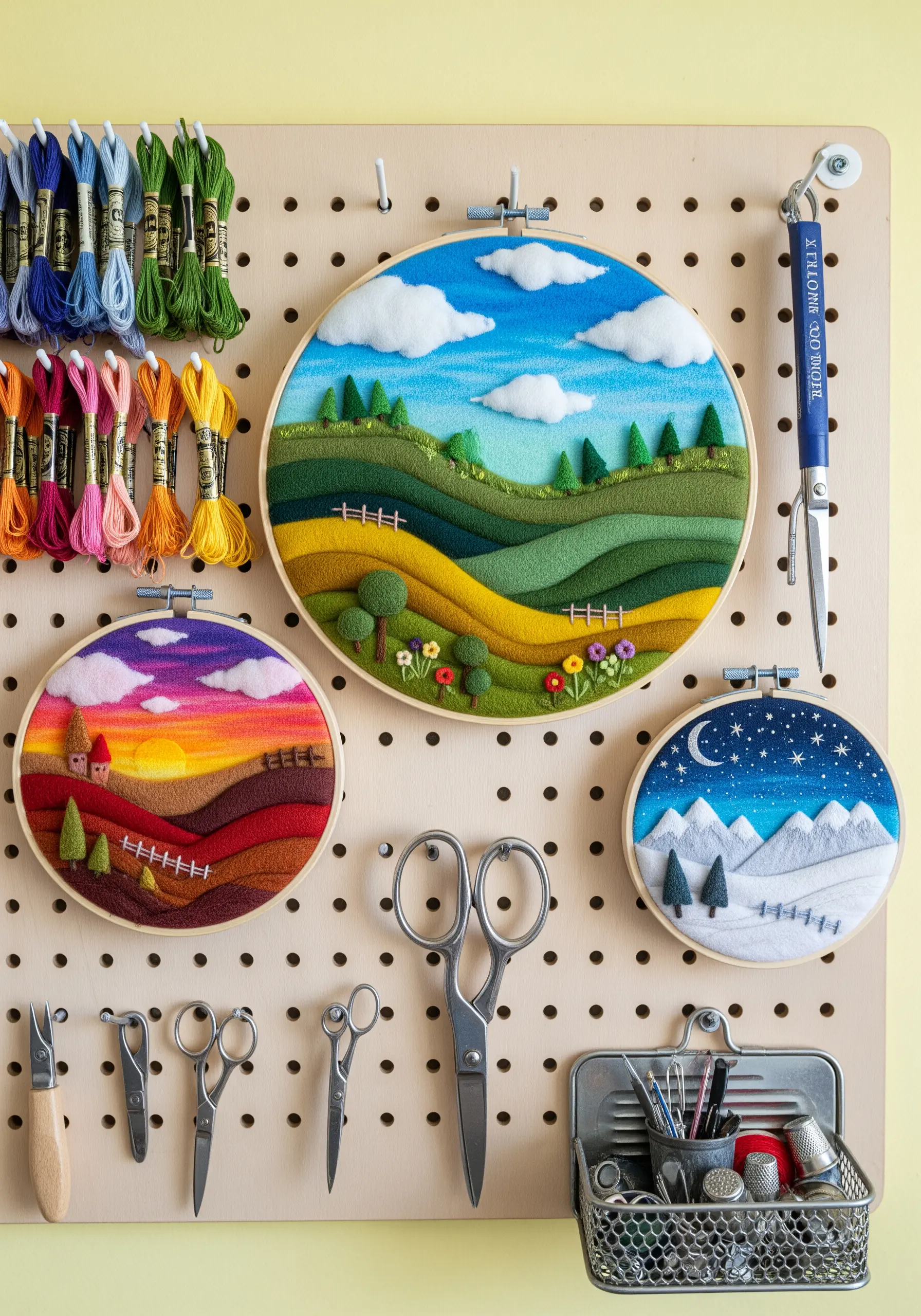 Felt landscape embroidery with rolling hills