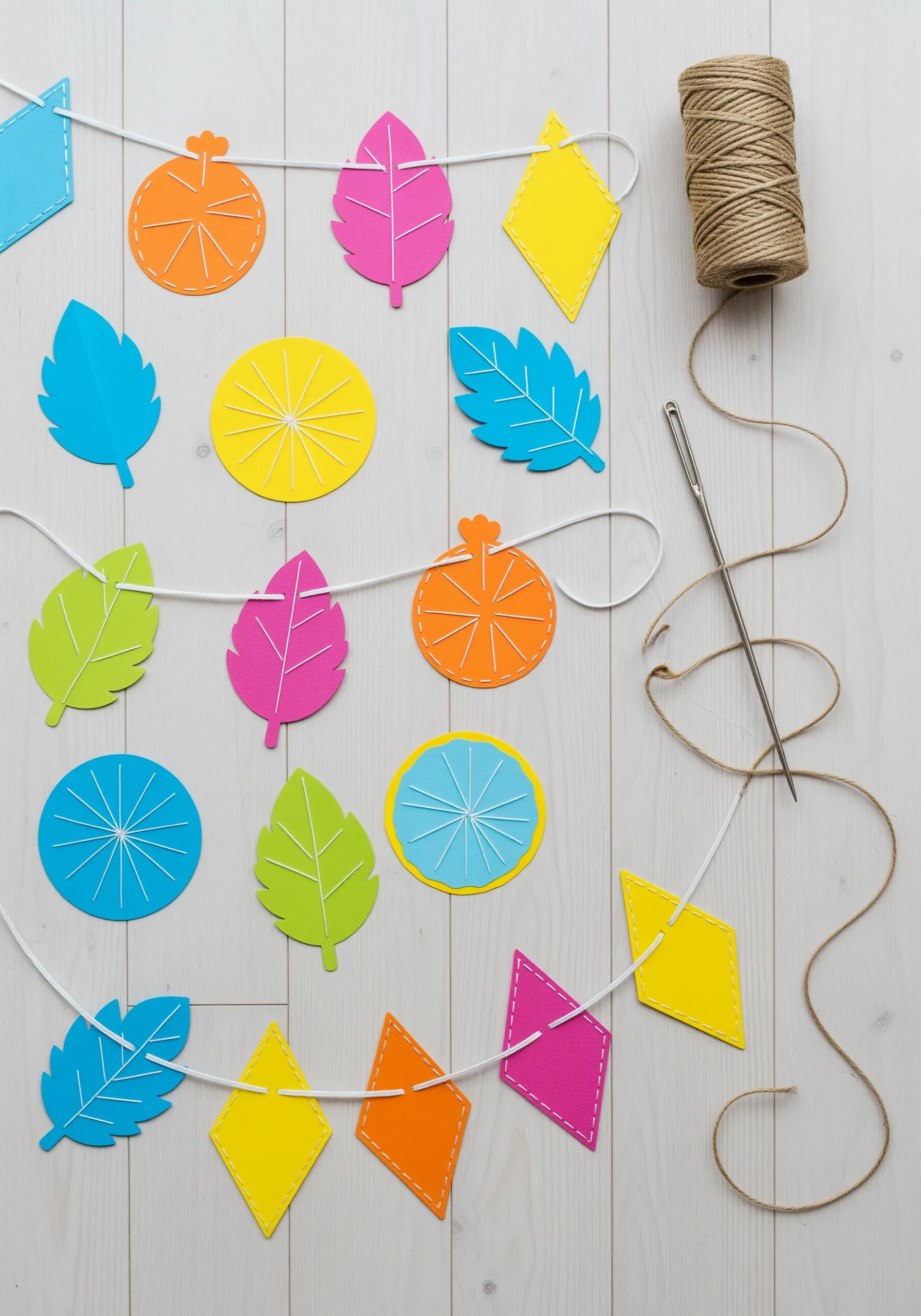 Colorful paper leaves and fruit shapes with stitched details strung into a garland.