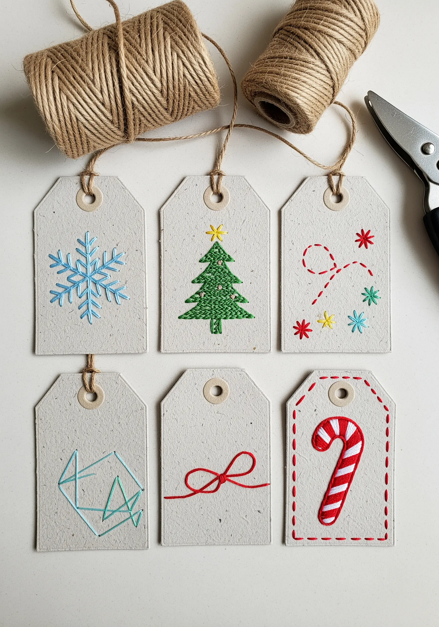 A collection of six kraft paper gift tags with embroidered Christmas motifs.