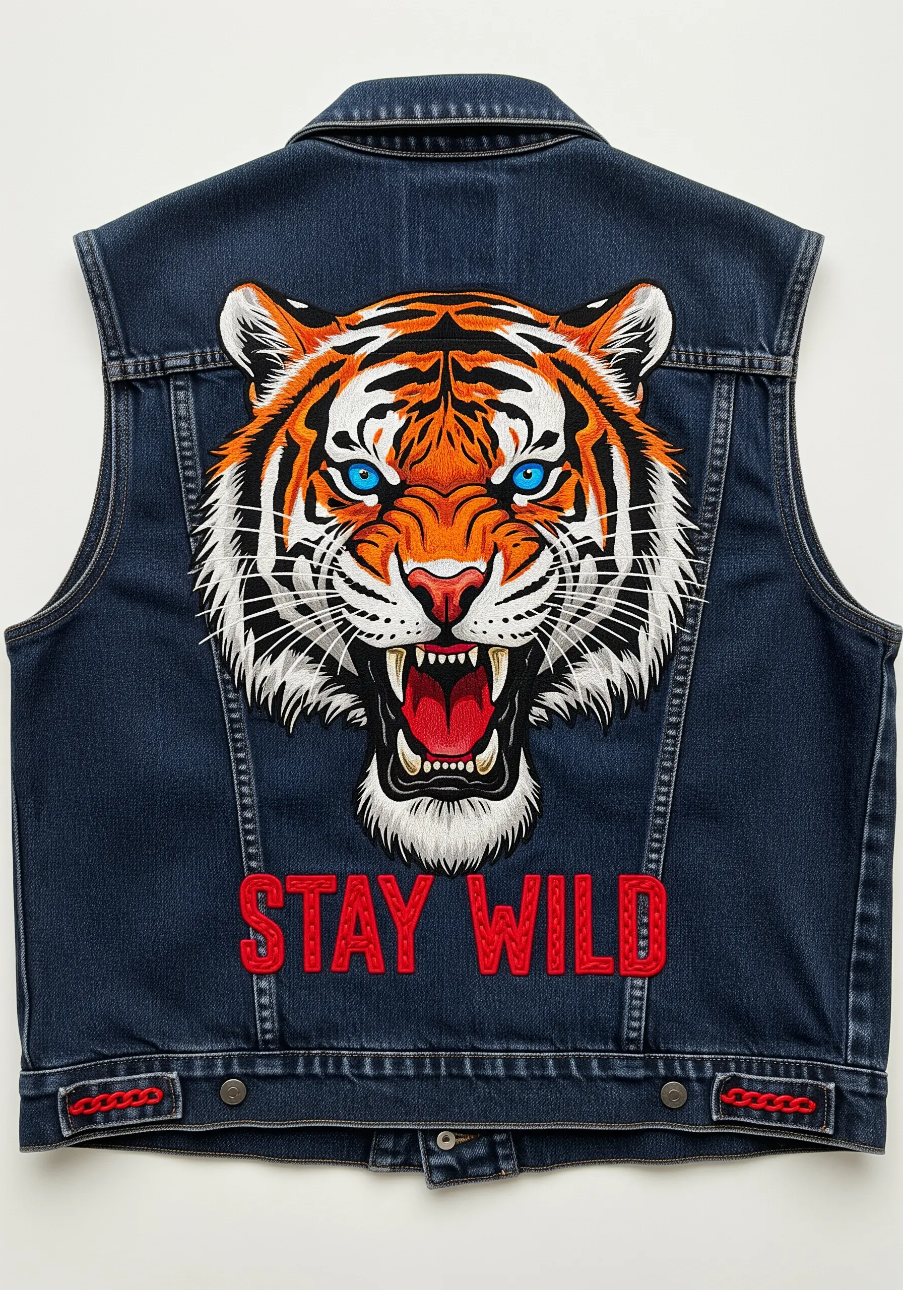 Embroidered tiger head with blue eyes and 'STAY WILD' text on a denim vest.