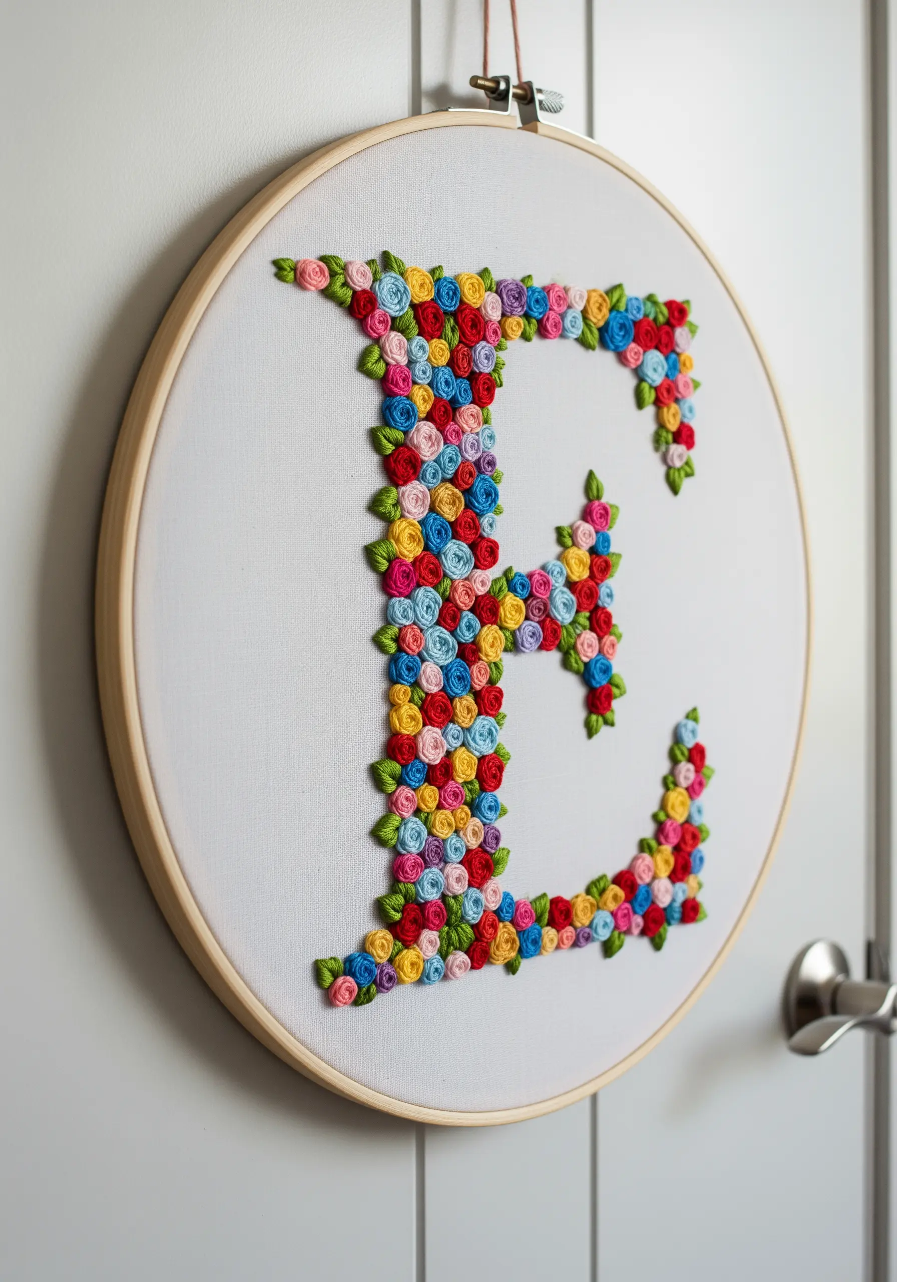 A letter 'E' filled with colorful, three-dimensional embroidered roses.