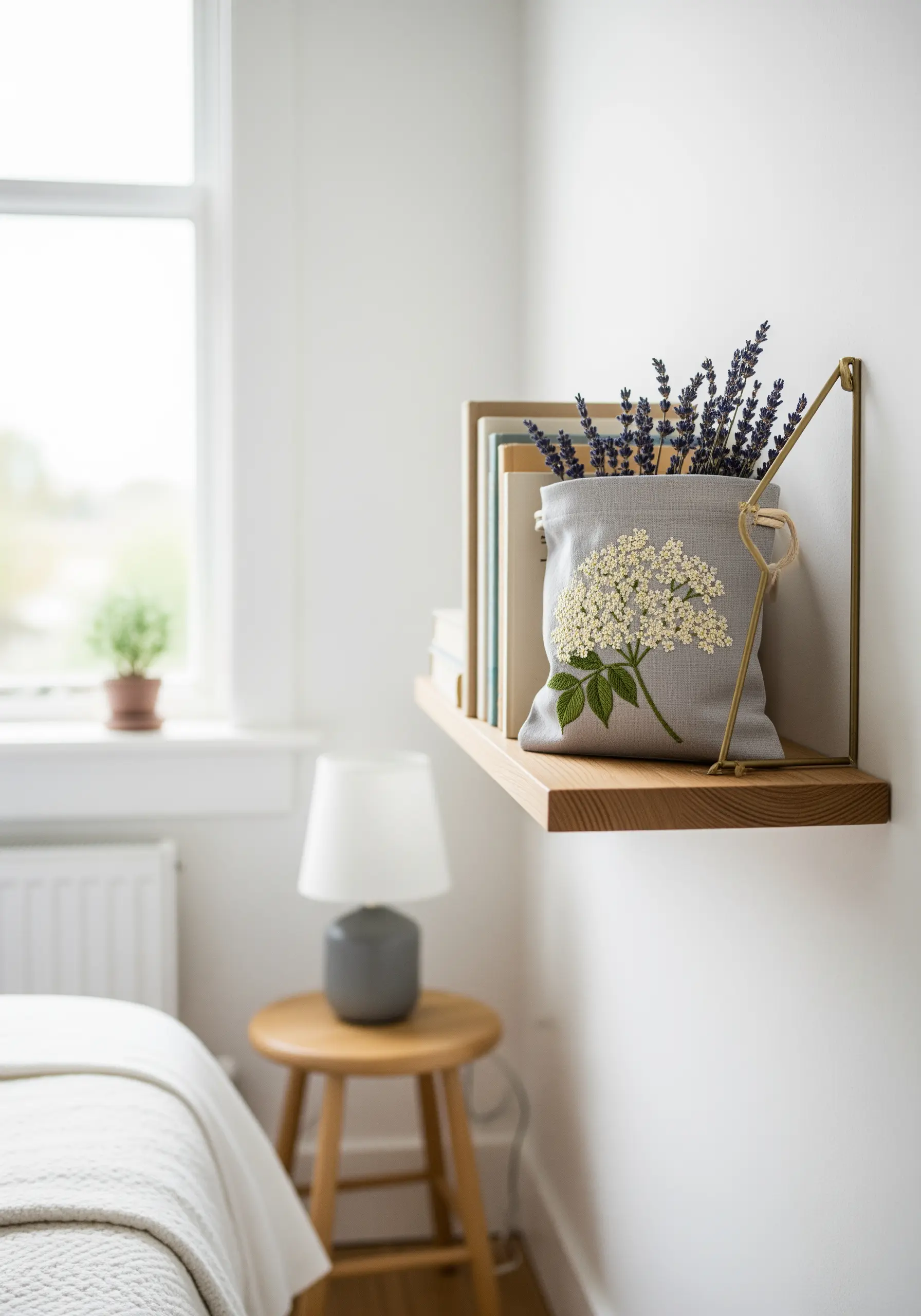 A gray linen pouch with an embroidered elderflower motif made of dense white French knots.