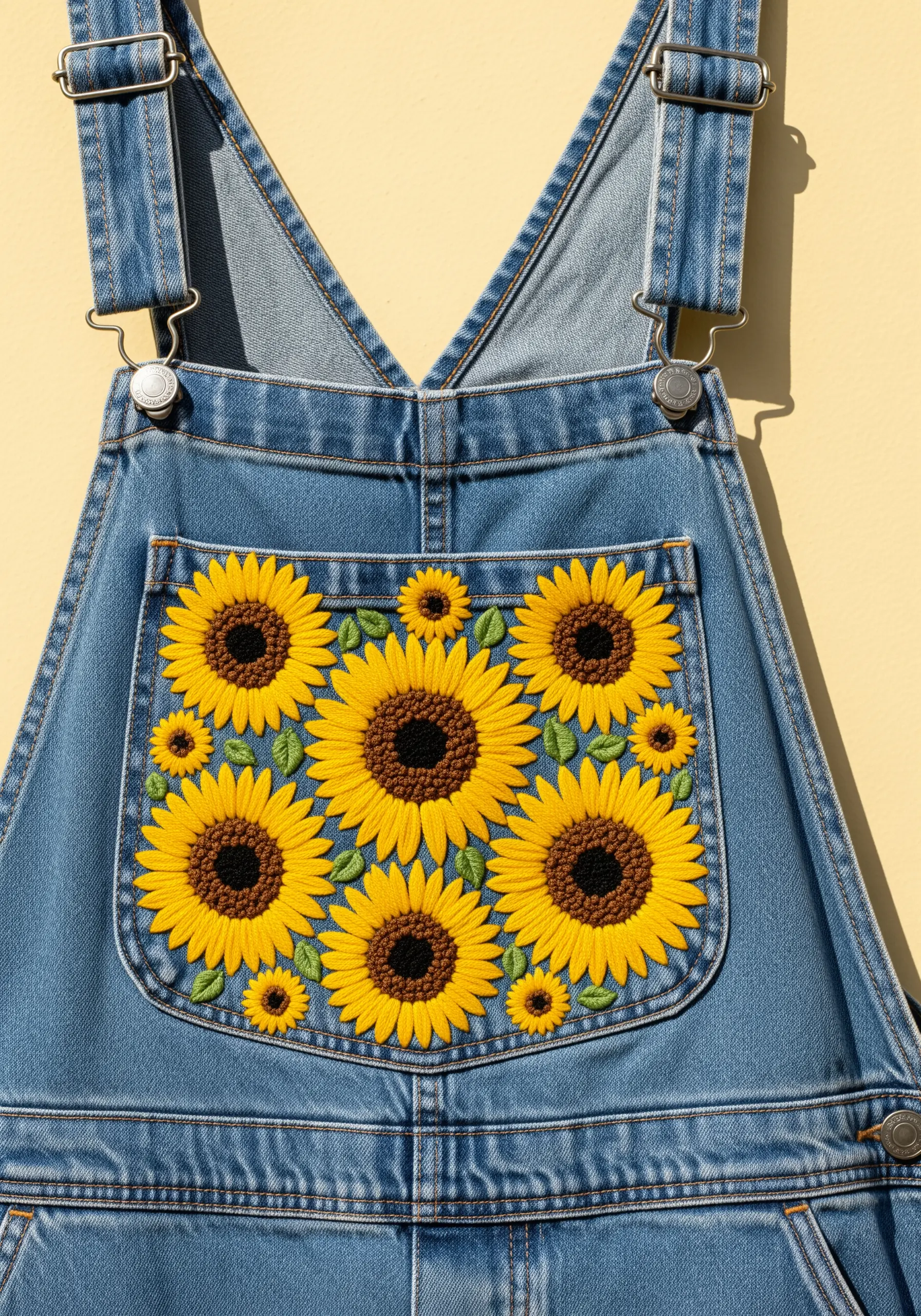 The front pocket of denim overalls completely filled with embroidered sunflowers.