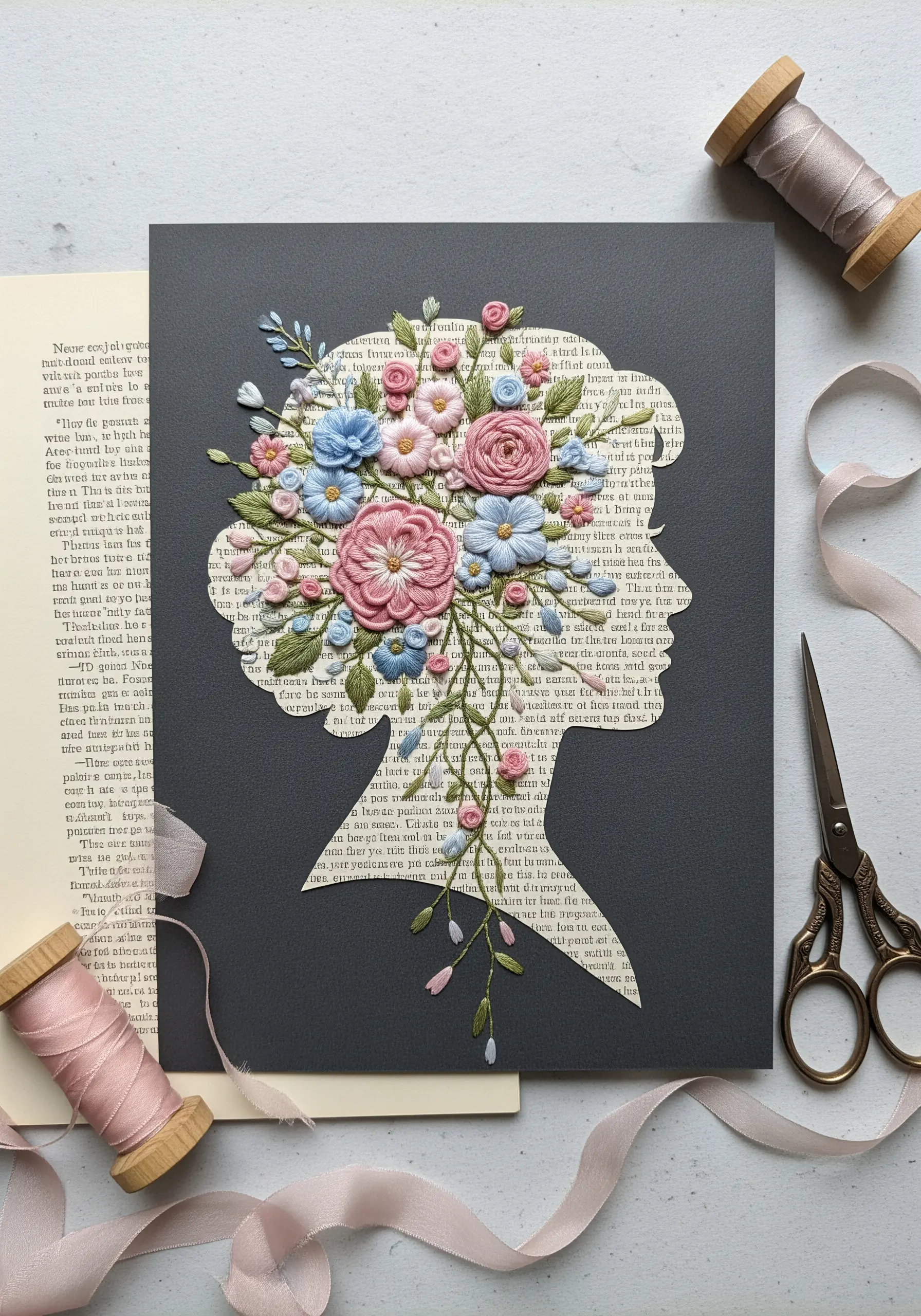 Paper silhouette of a woman's head filled with pink and blue floral embroidery on a dark background.