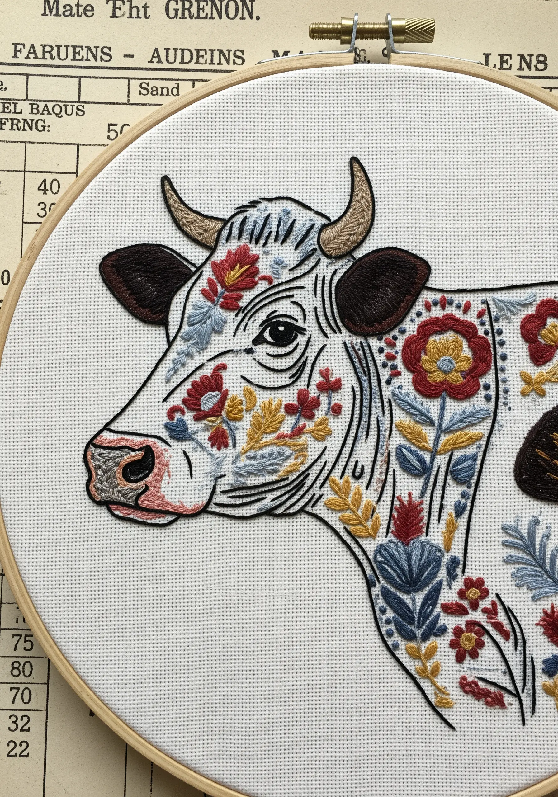 A cow silhouette filled with intricate red, blue, and yellow floral embroidery patterns.