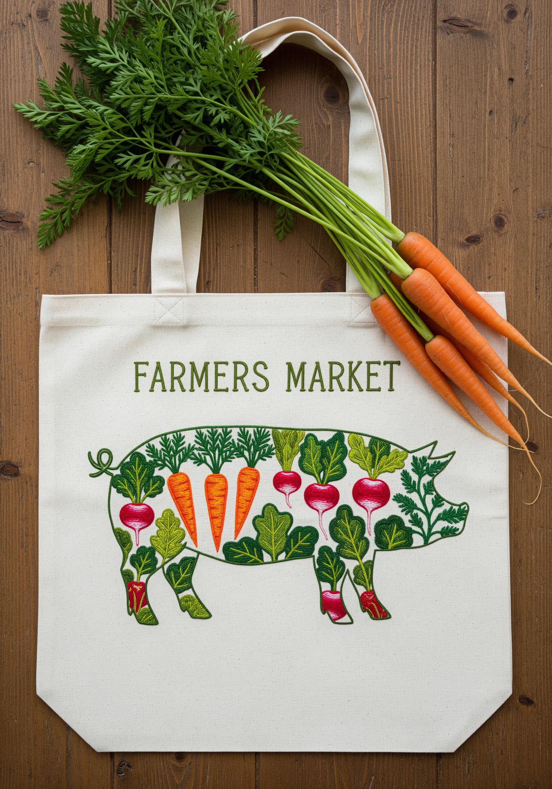 A tote bag with an embroidered pig silhouette filled with colorful root vegetables.