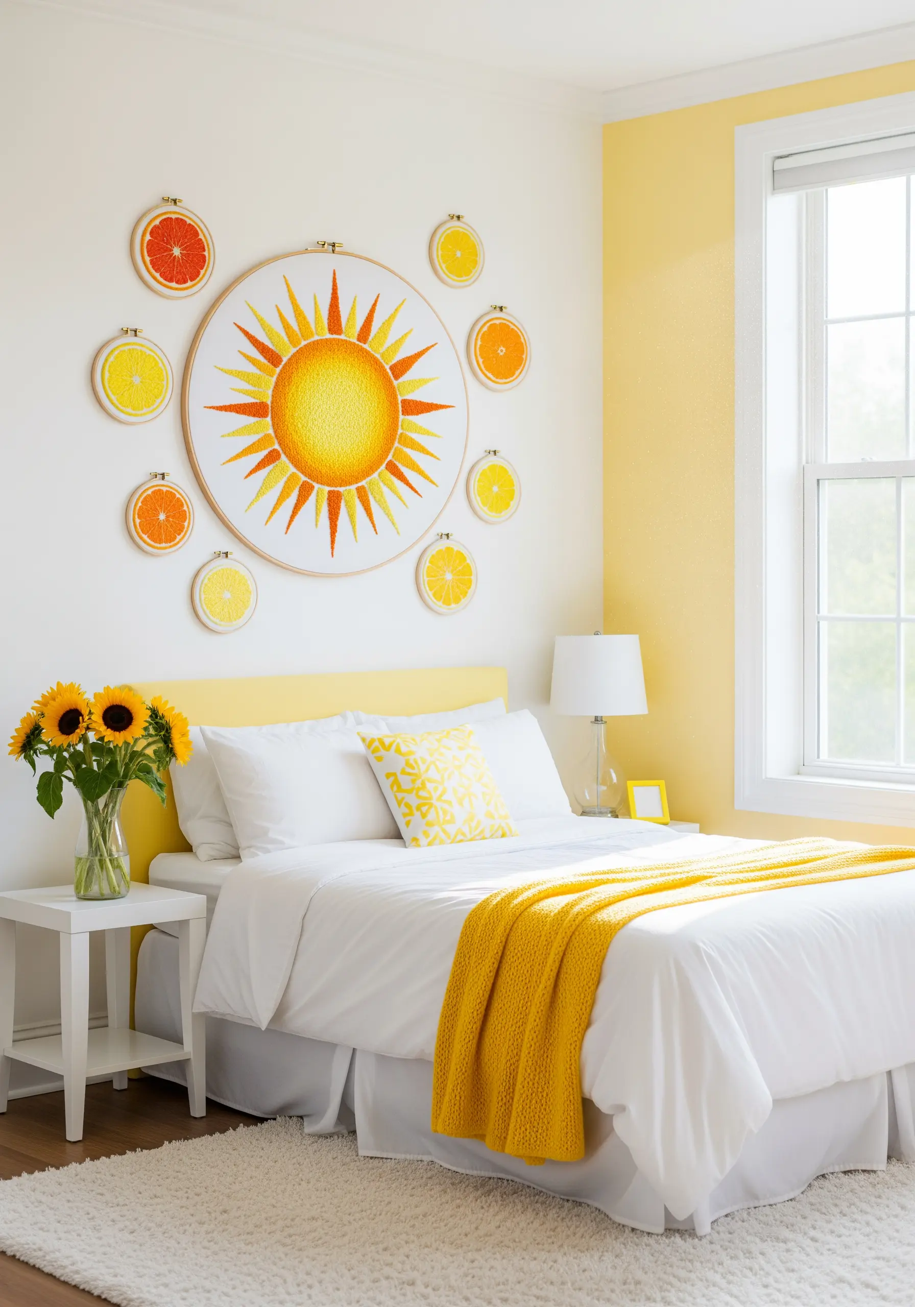 A large embroidered sun surrounded by smaller hoops of embroidered citrus slices.