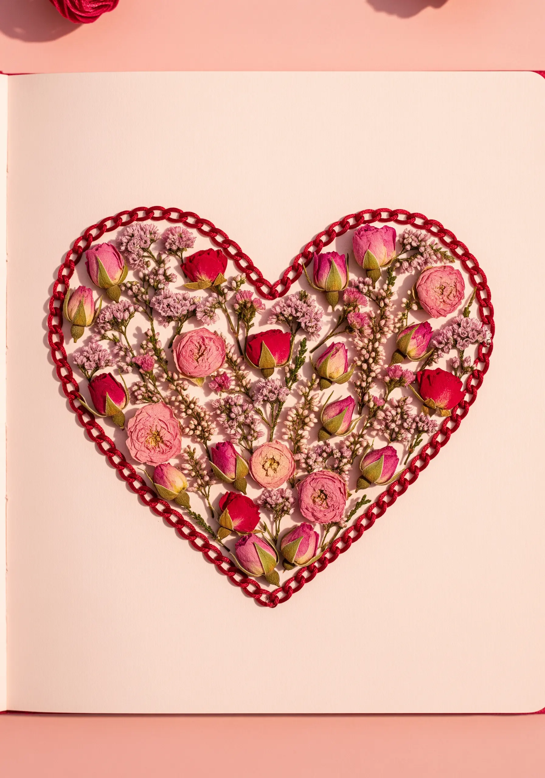 A heart outlined in red embroidery, filled with a dense mosaic of pressed rosebuds.