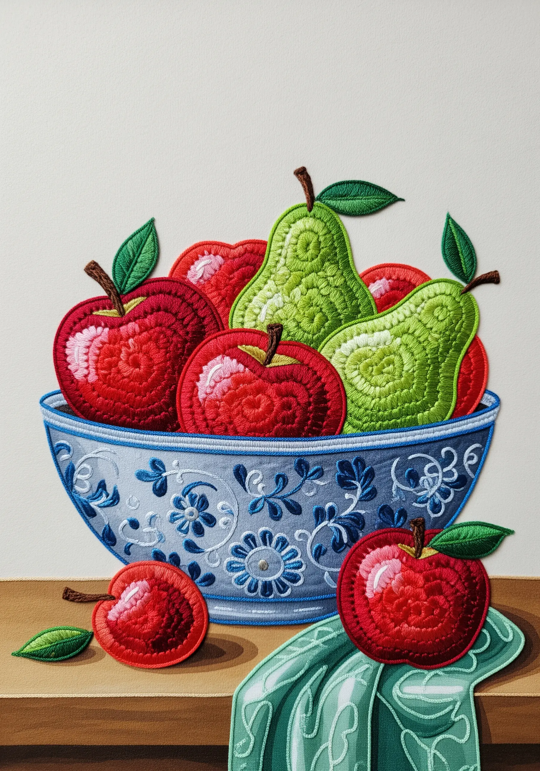 Appliqué apples and pears in a bowl, filled with dense, contoured embroidery stitches.