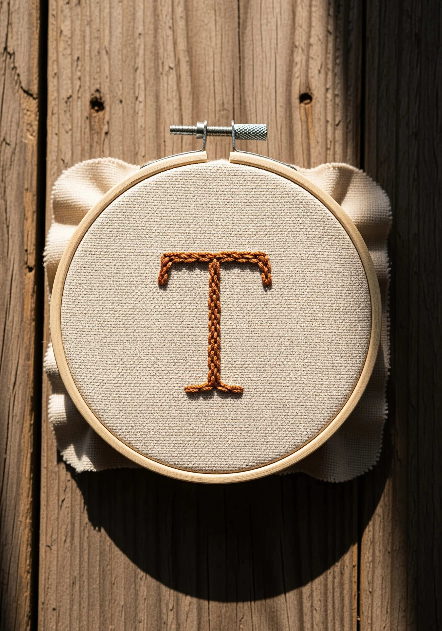 A brown serif 'T' filled with a woven basket weave stitch.