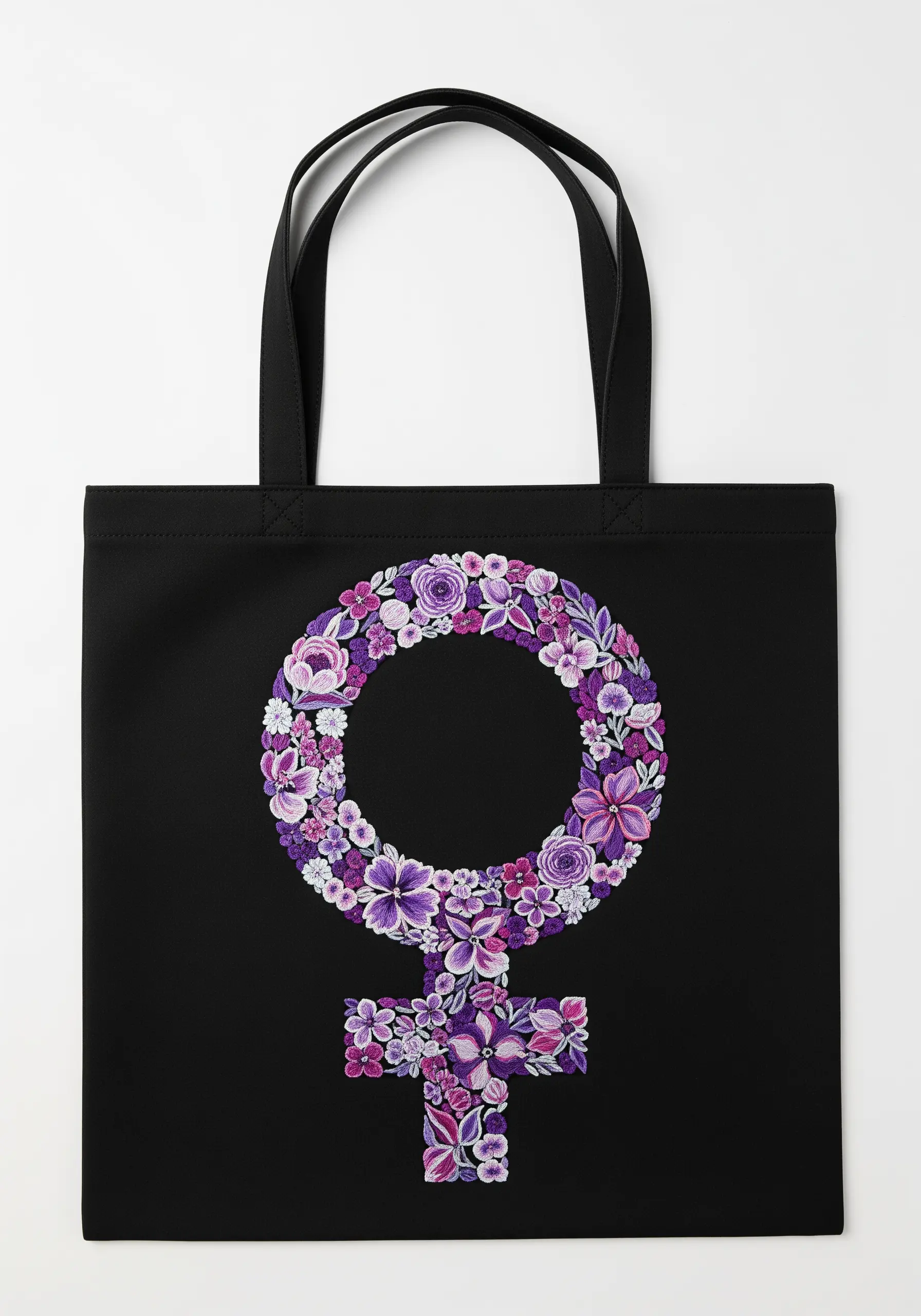 A feminist Venus symbol made entirely of tiny embroidered purple and pink flowers on a black tote.