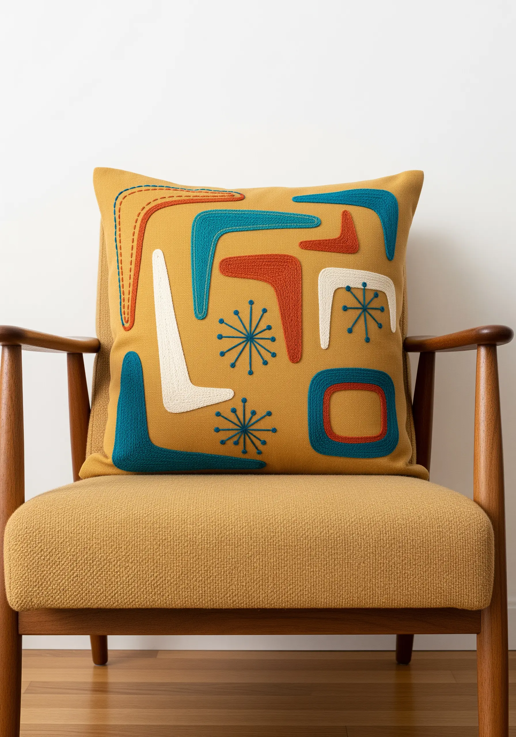 A mustard yellow pillow with mid-century modern shapes in teal, orange, and white satin stitch.
