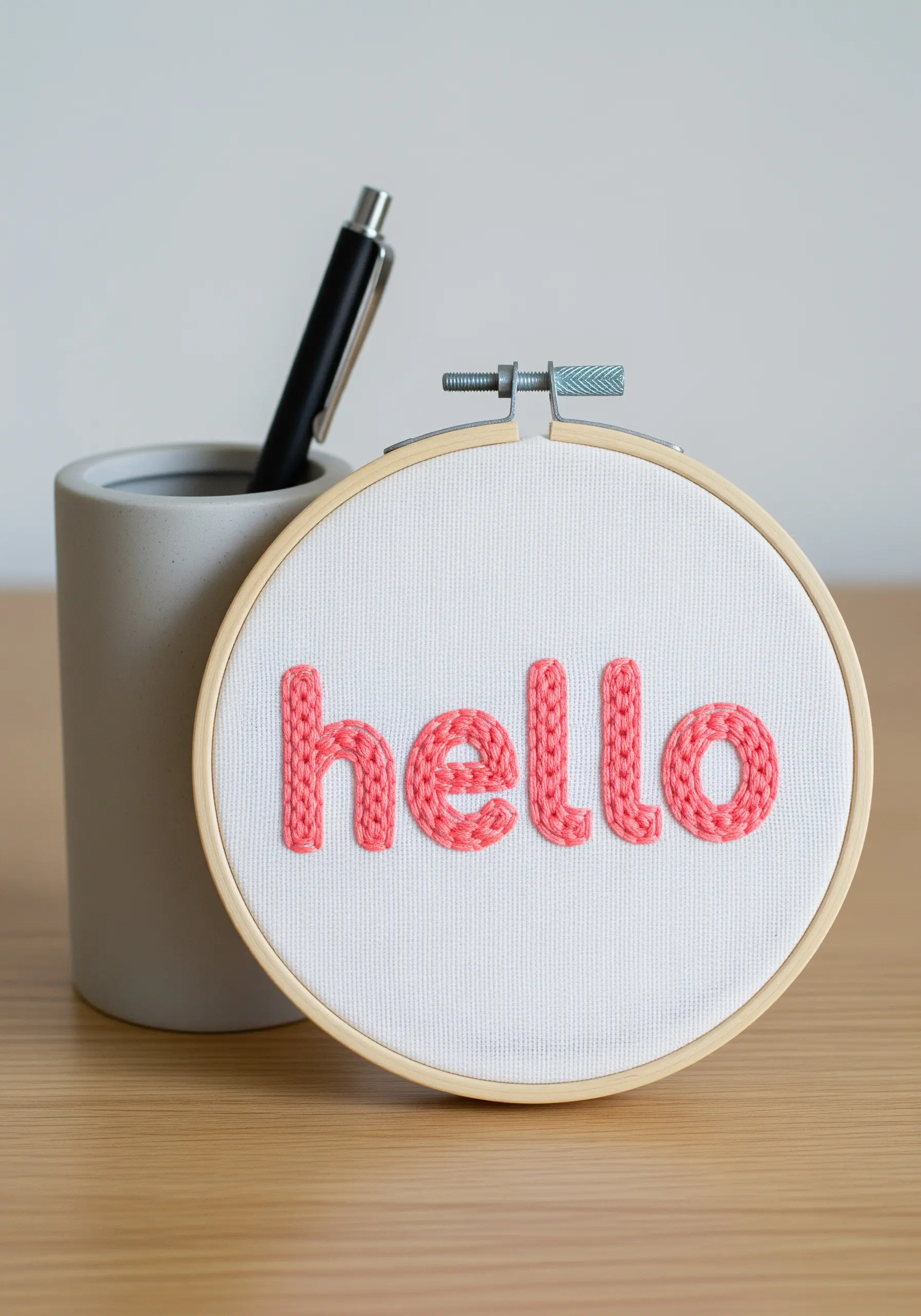 The word 'hello' in a pink, bubbly font filled with French knots.