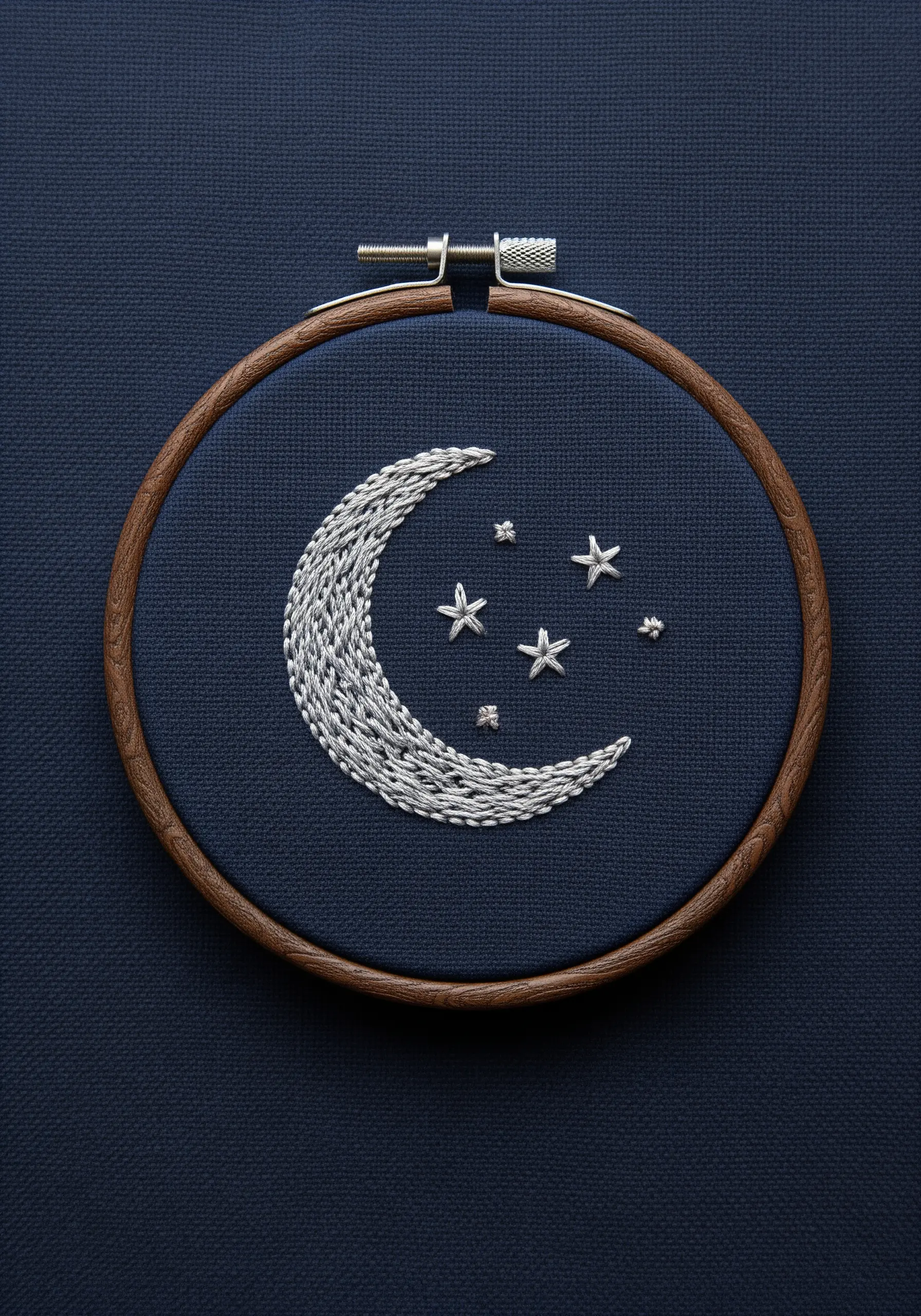 Embroidered crescent moon filled with white chain stitch on dark navy fabric.