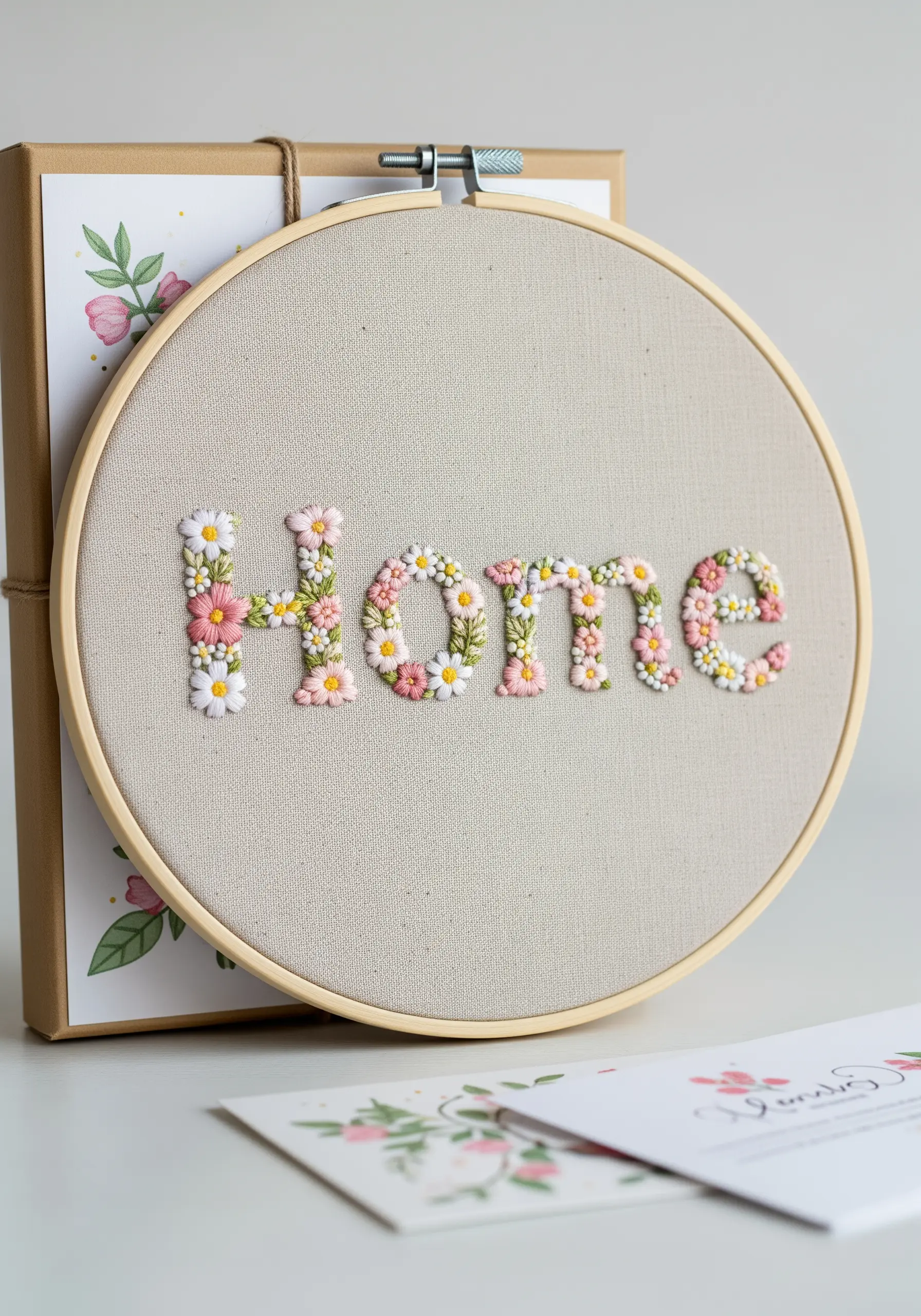 The word 'Home' with each letter filled with tiny embroidered flowers.