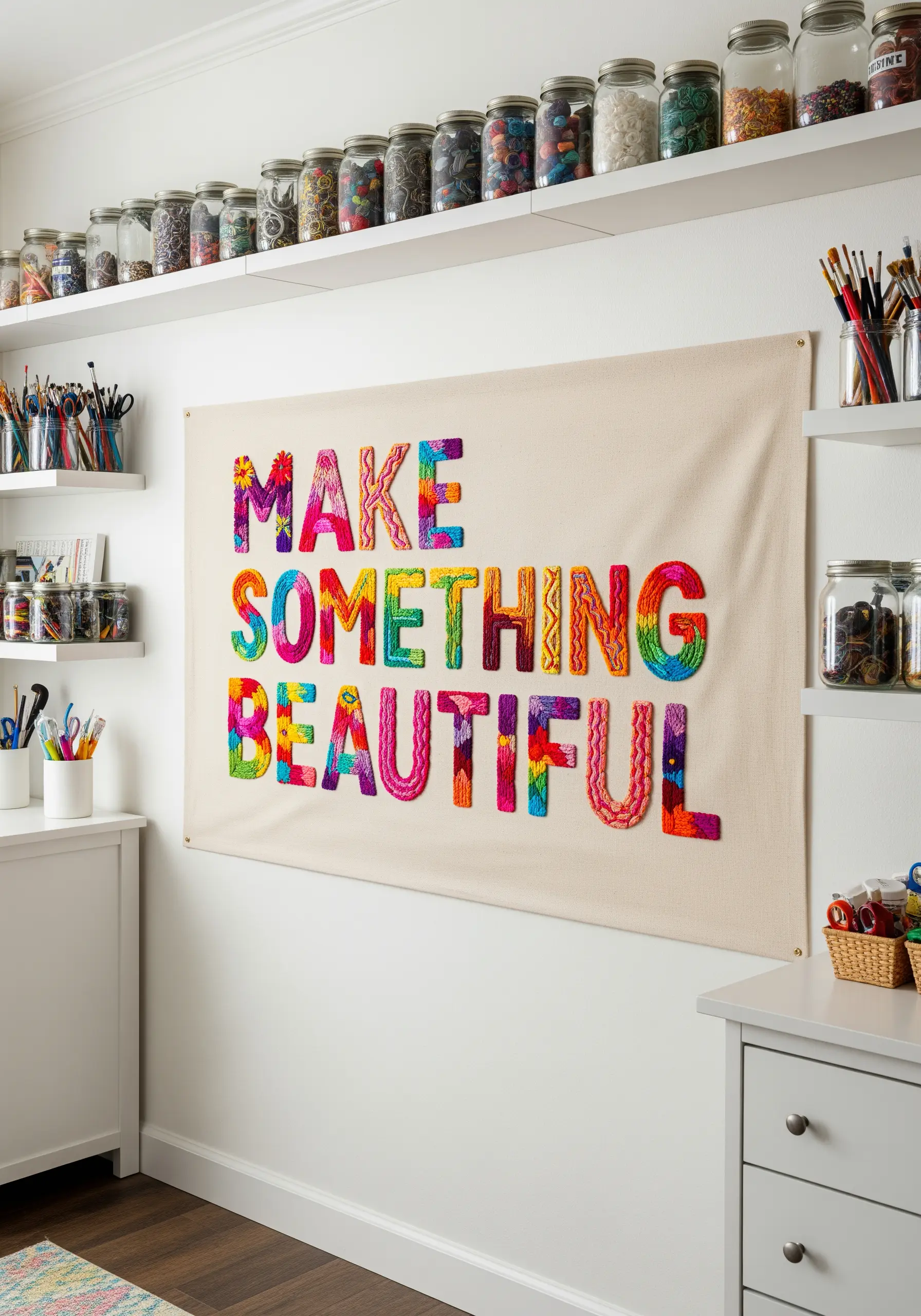 Large embroidered quote where each letter is filled with vibrant, multi-colored thread patterns.