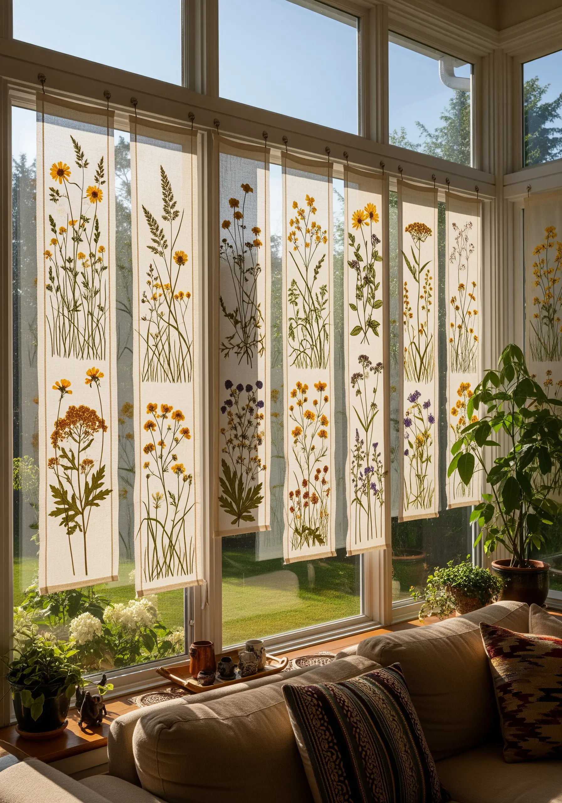 Semi-sheer panel curtains in a sunroom, each embroidered with tall yellow wildflowers.
