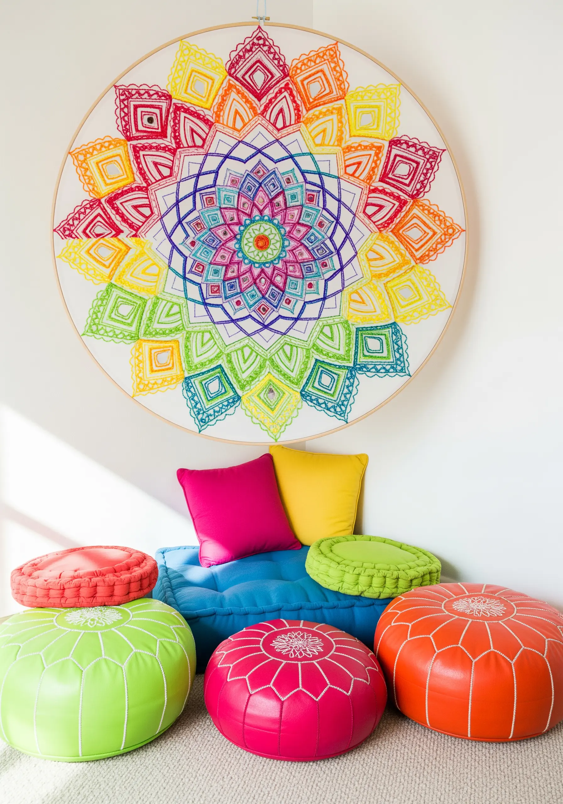 Large, colorful rainbow mandala embroidered with intricate geometric patterns.