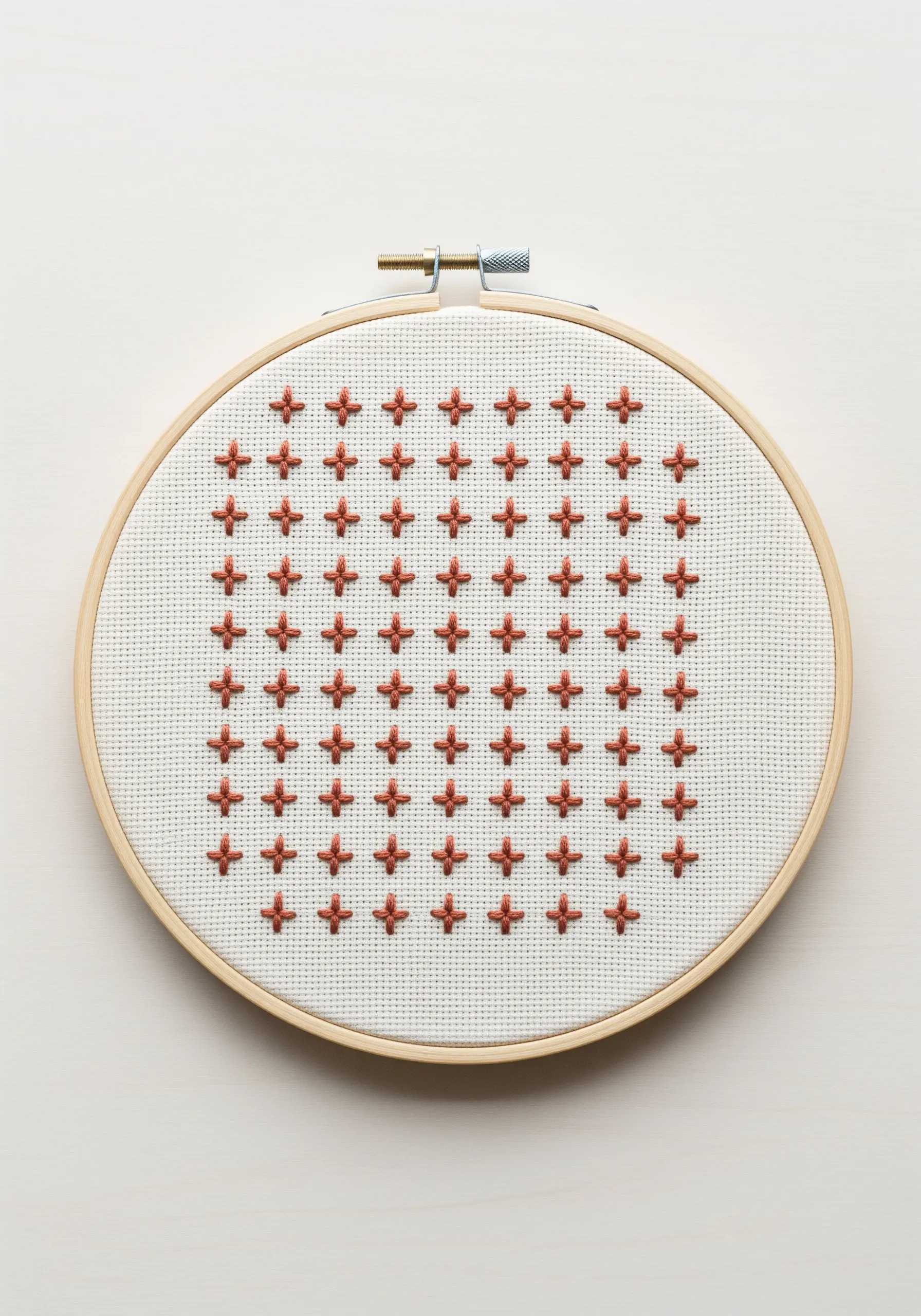 A precise grid of small, terracotta-colored cross-stitches on white Aida cloth.