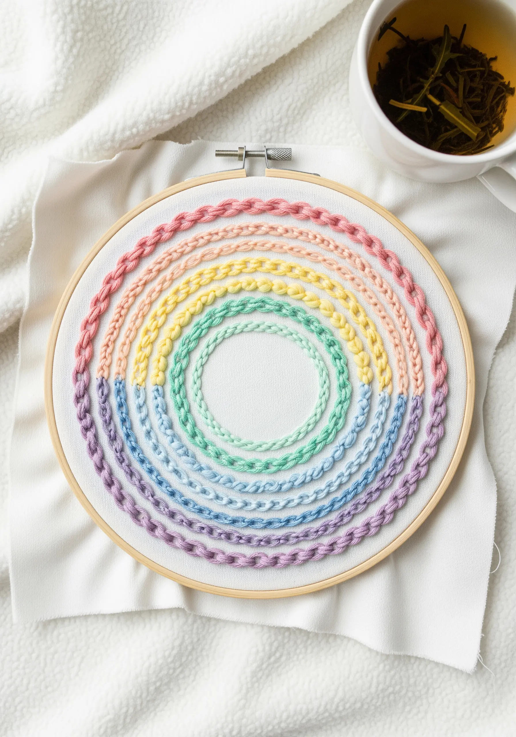A simple mandala made of concentric circles of chain stitch in a soft pastel rainbow palette.