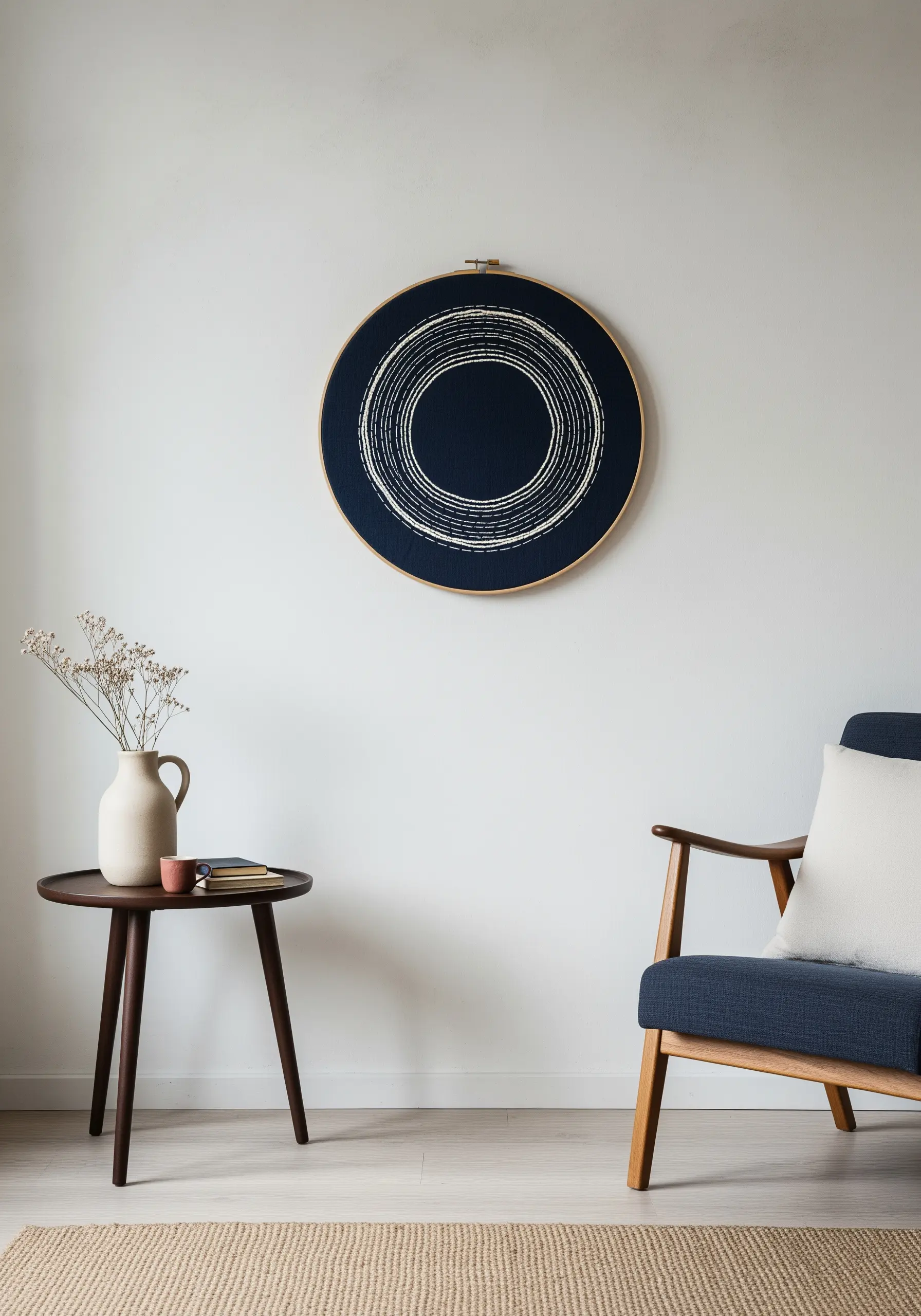 A single large hoop with concentric white running stitches on dark navy fabric.