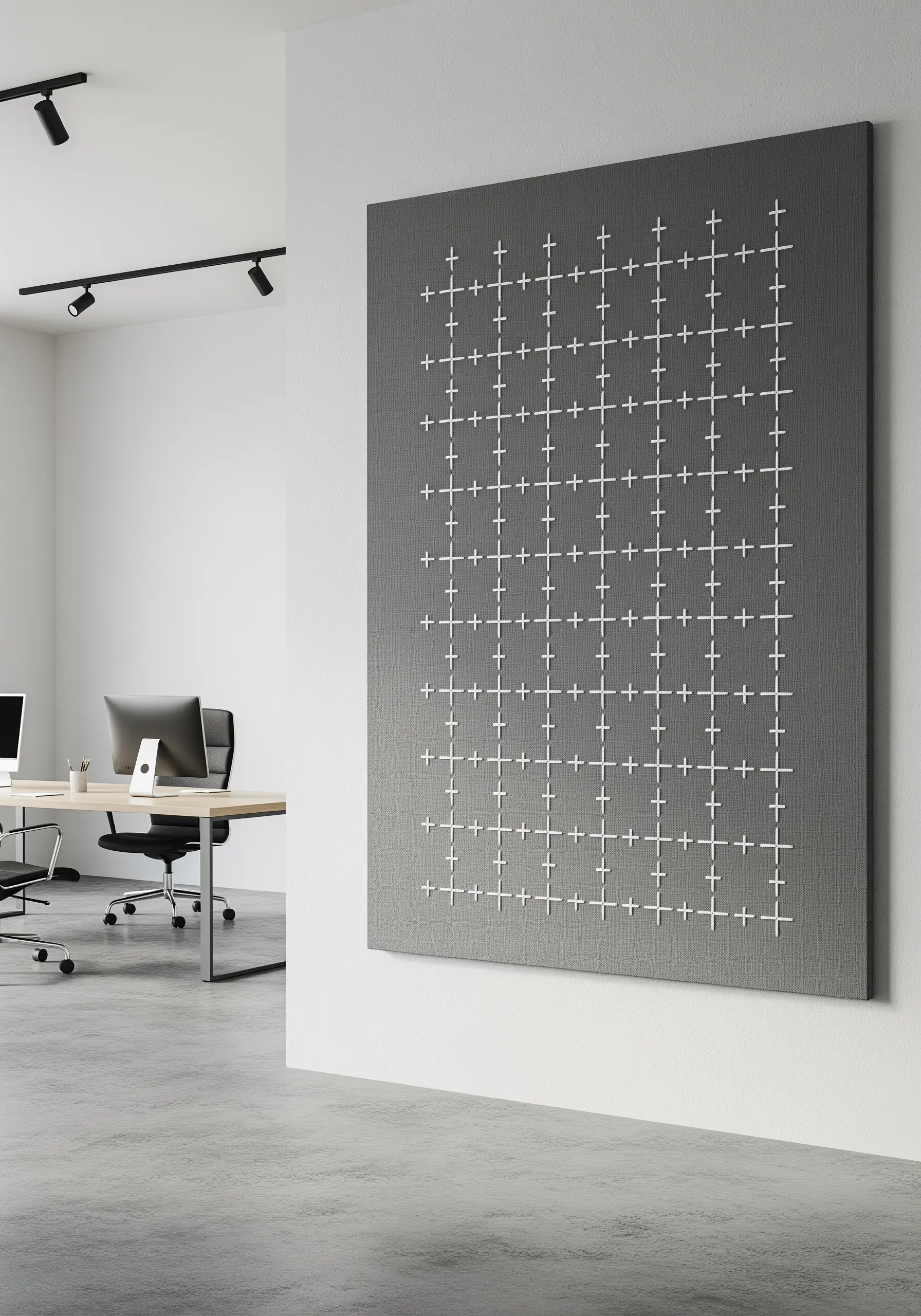 A large gray canvas covered in a precise grid of small, white, stitched plus signs.