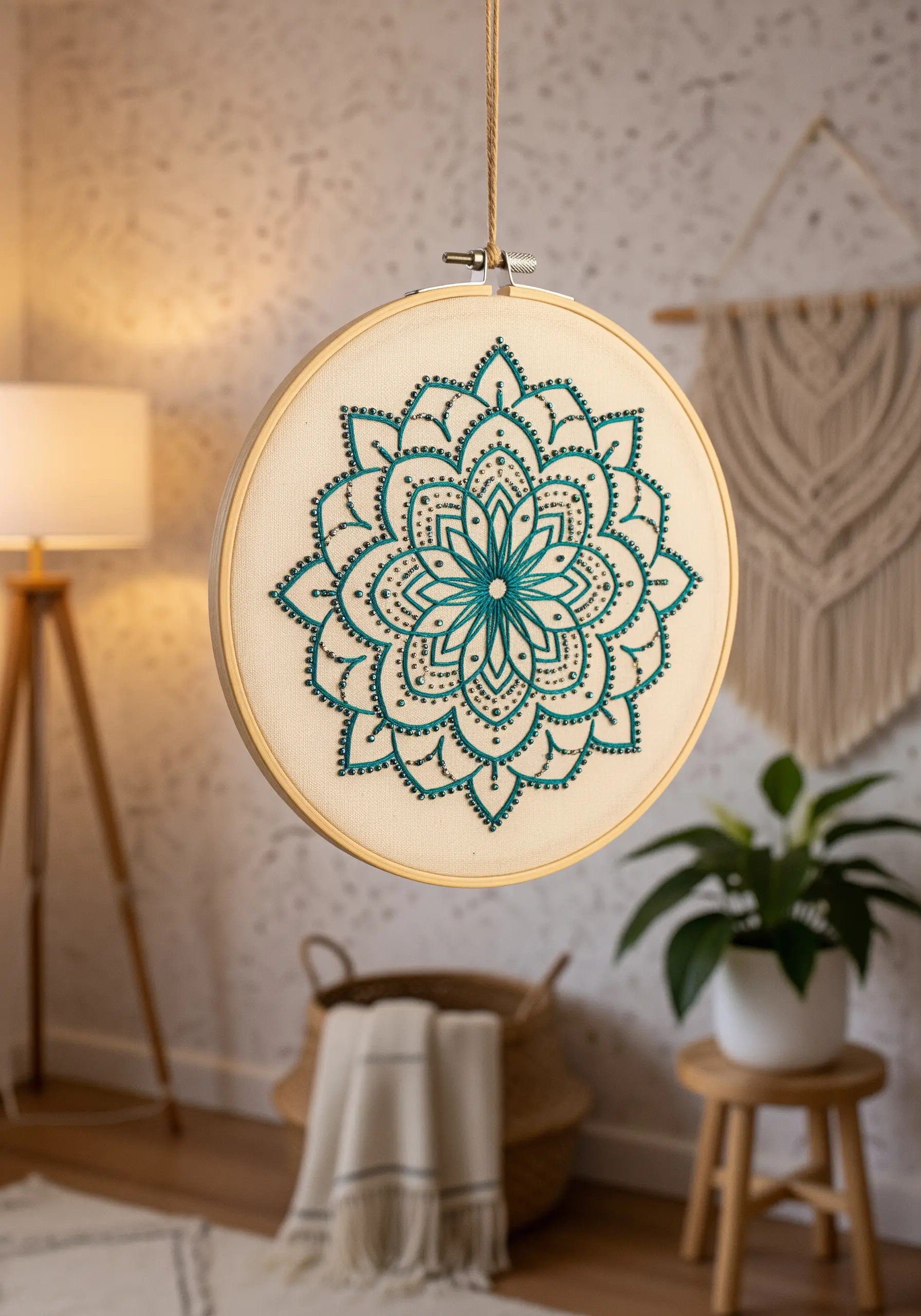 A detailed teal mandala embroidered on off-white fabric, hanging in a room.