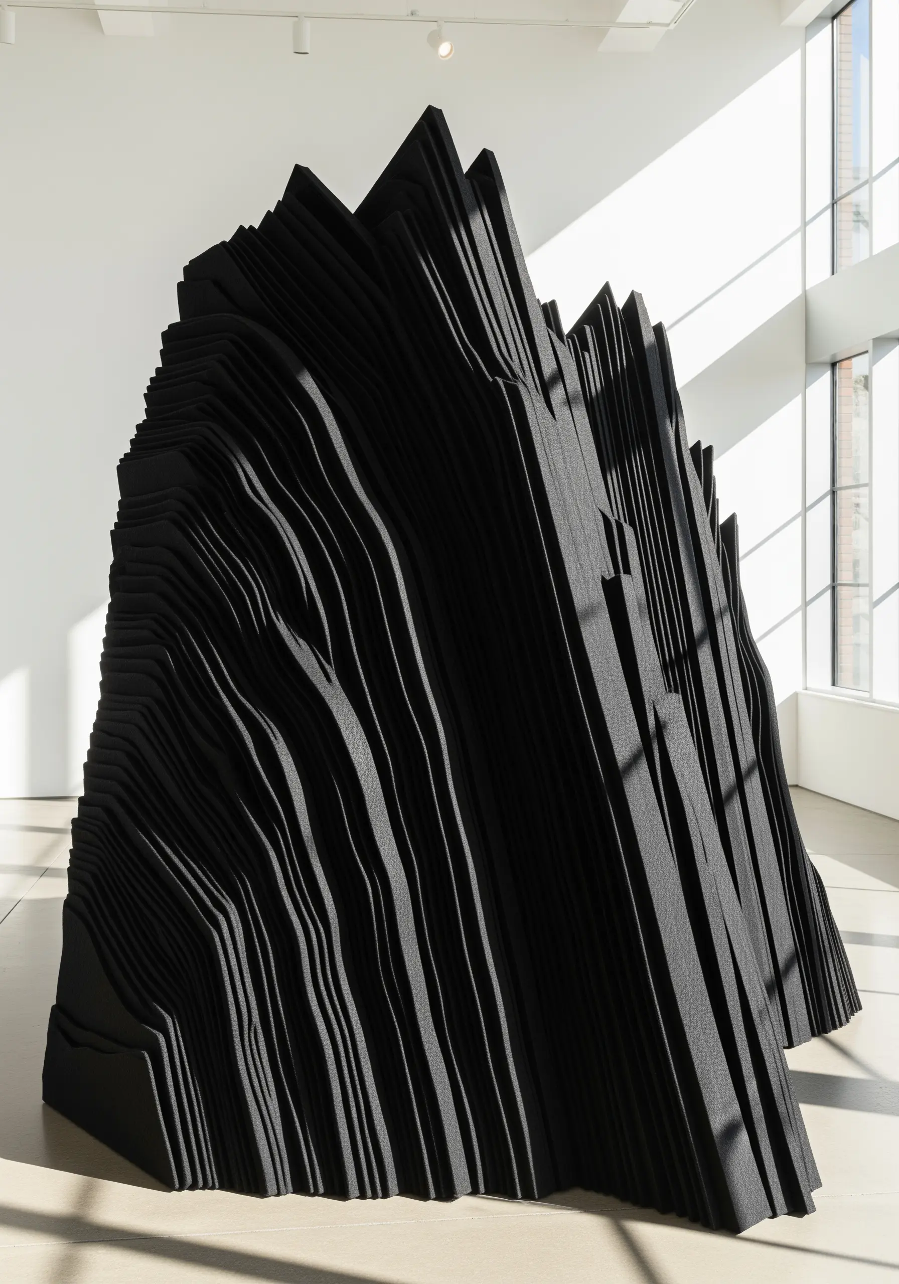 A large, abstract black sculpture made of layered felt, resembling a geological formation.