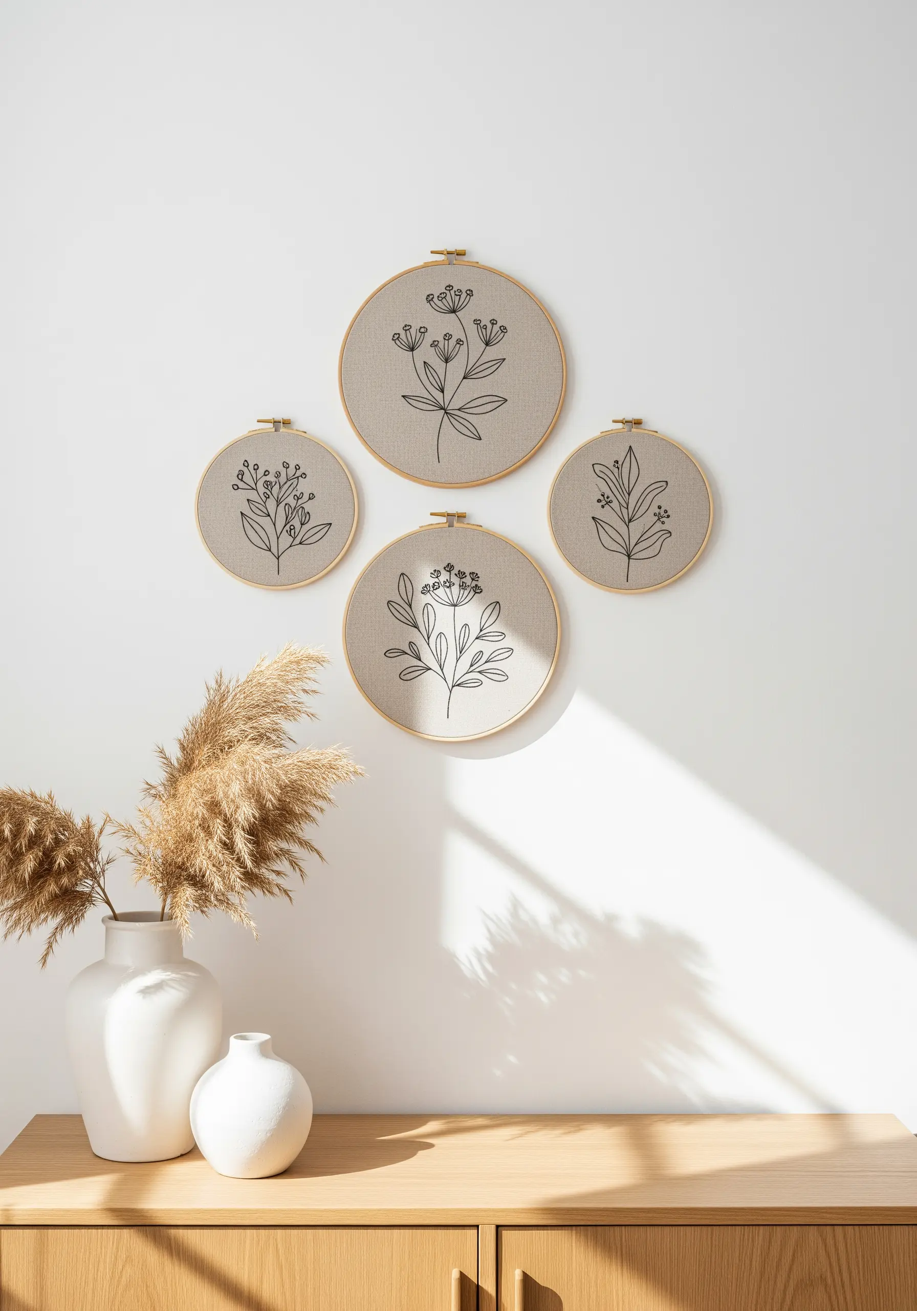 Minimalist blackwork botanical embroidery on beige linen hoops