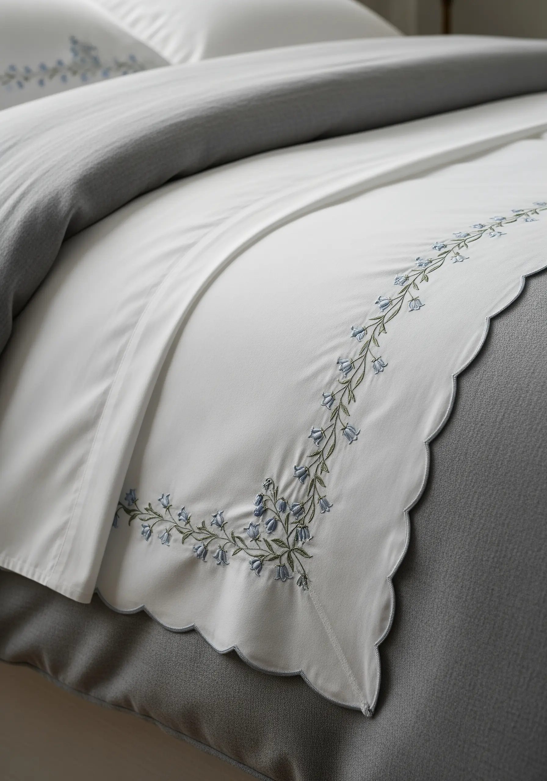 A crisp white sheet with a scalloped edge, finished with a blue embroidered floral vine.