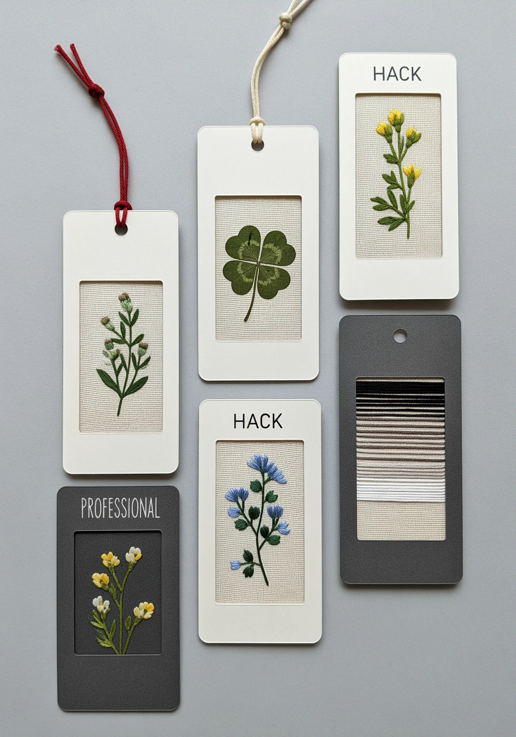 A collection of embroidered and pressed flower bookmarks in custom-cut frames.