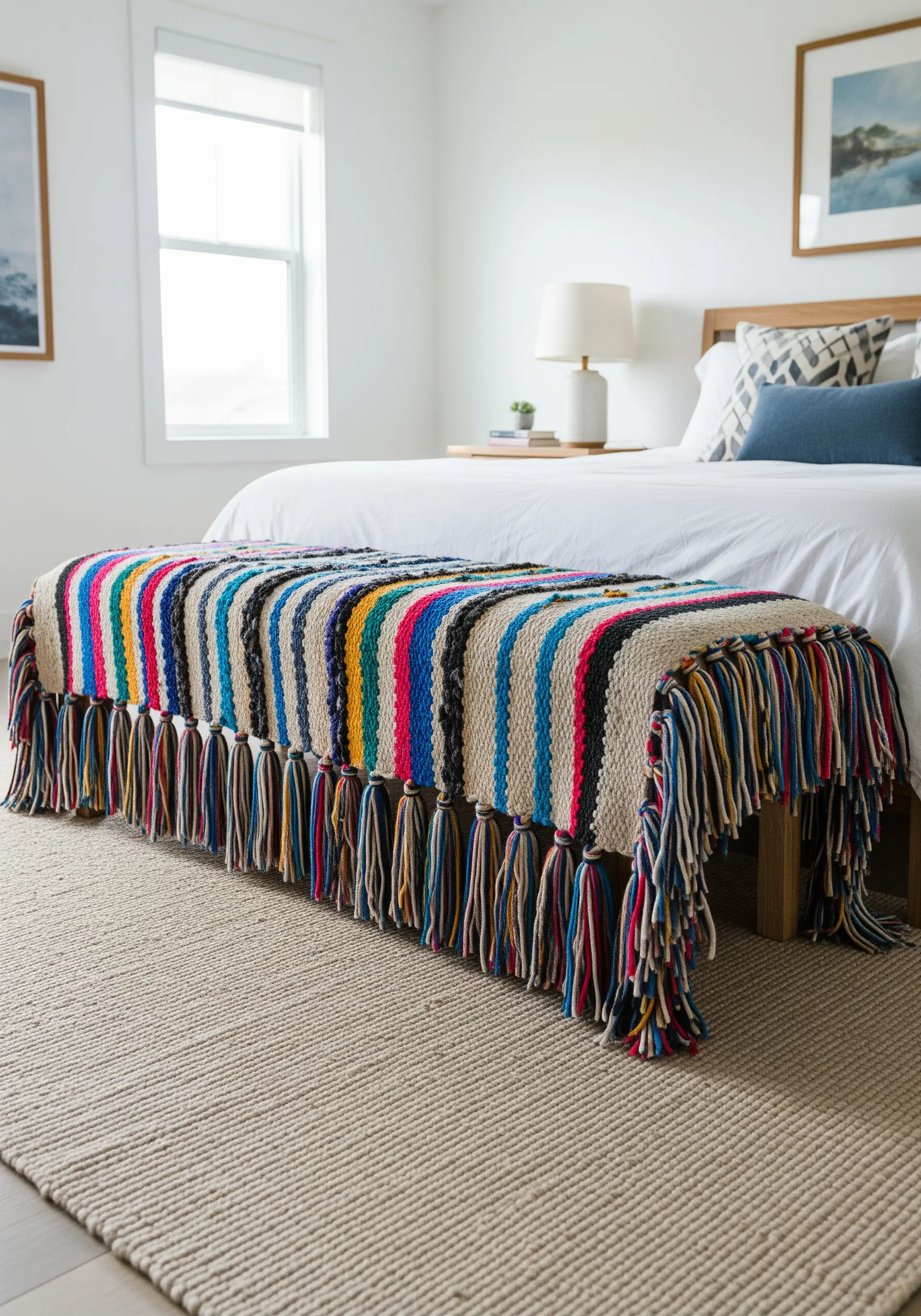 A colorful striped throw on a bed, finished with a very long, multi-colored fringe.