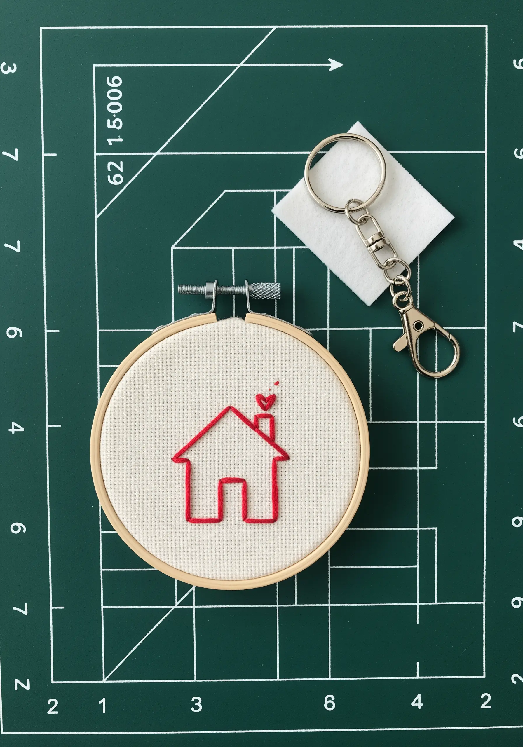 A small embroidery hoop with a simple red house outline, being prepared as a keychain.