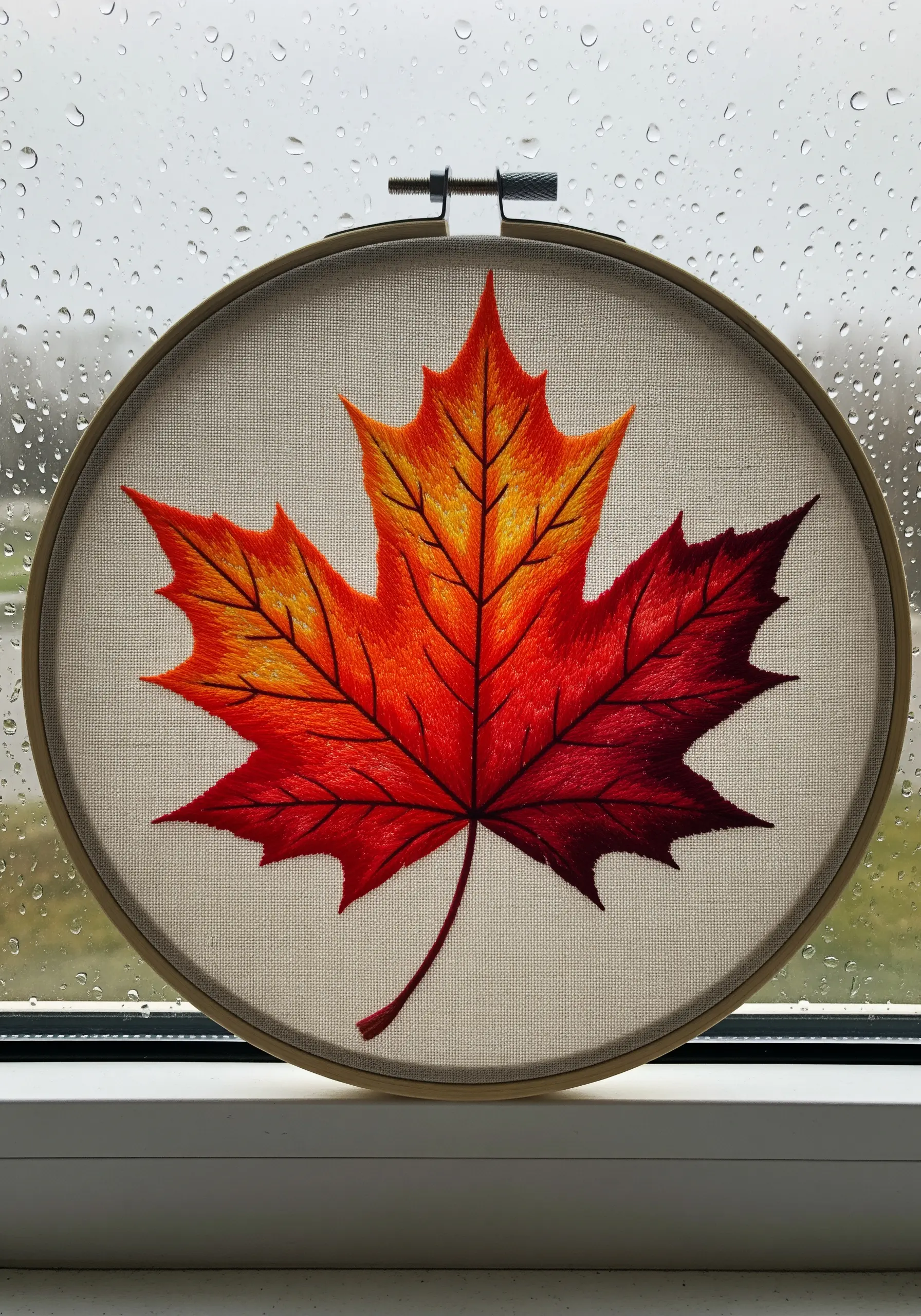 An embroidered maple leaf with a red, orange, and yellow gradient using thread painting.