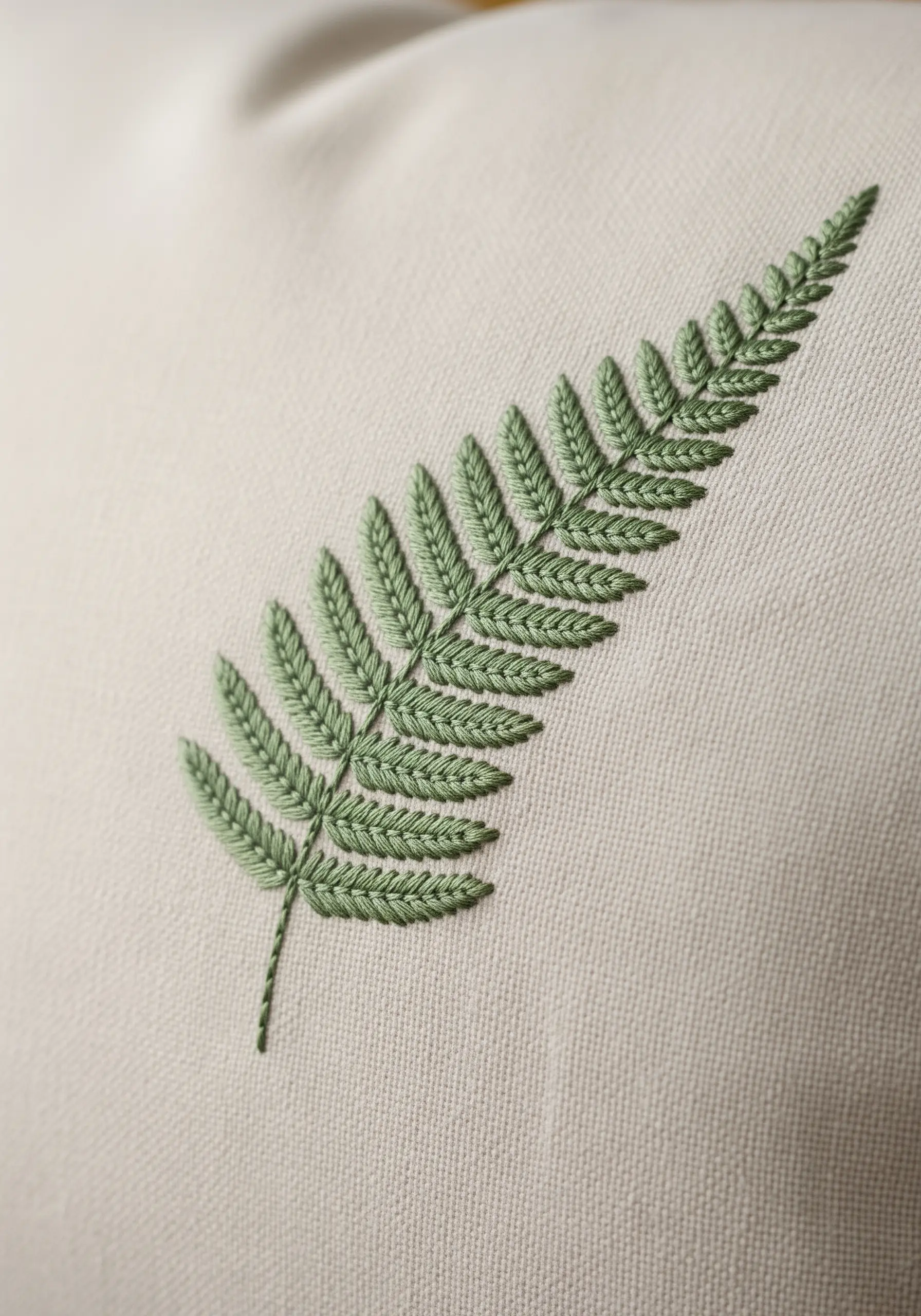 Detailed green fern embroidered on a cream pillow using fishbone stitch.