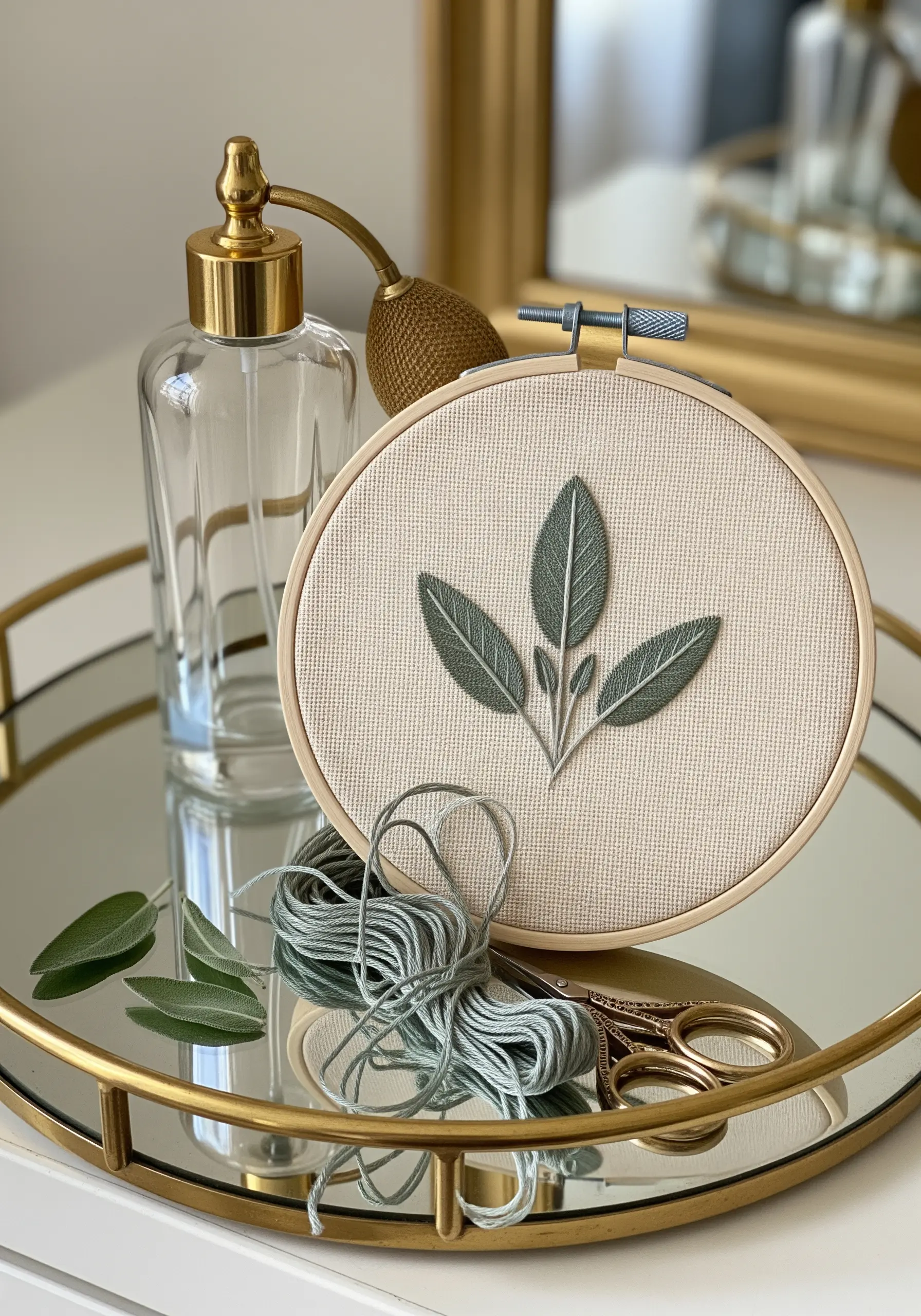 Three perfectly smooth satin-stitched sage leaves with central veins.