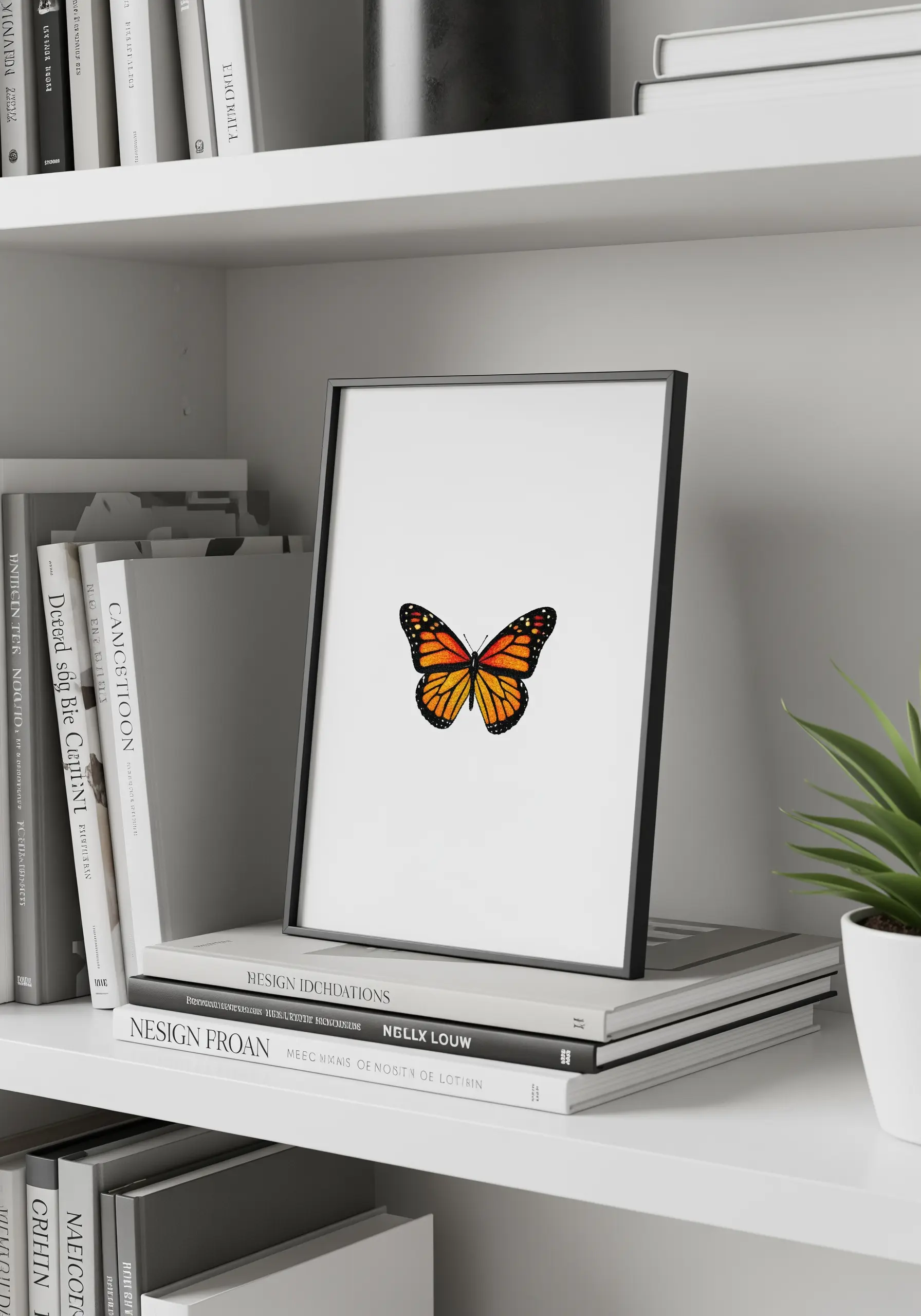 A small, detailed embroidery of a single monarch butterfly, framed with ample white space.