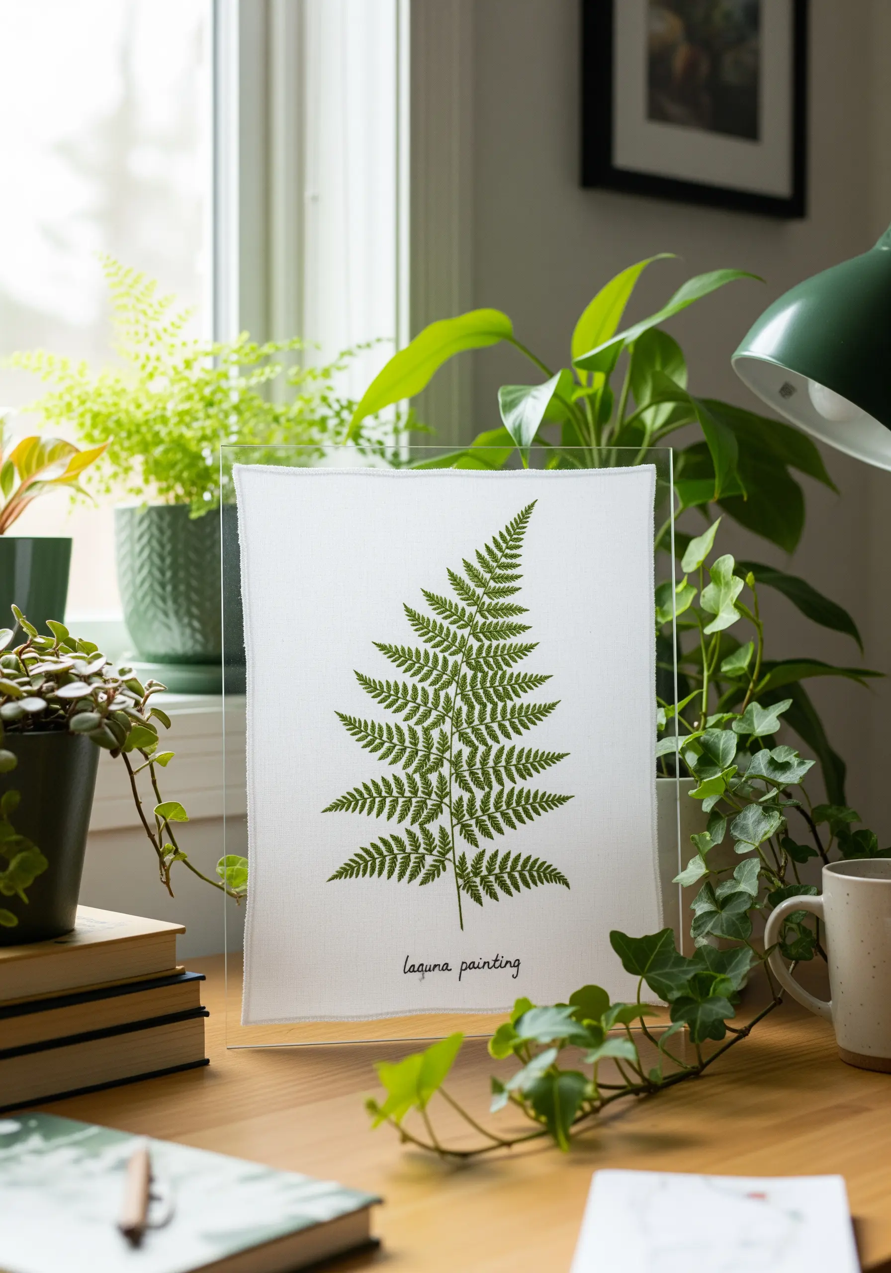 A delicate embroidery of a green fern leaf presented in a clear, frameless acrylic block frame.