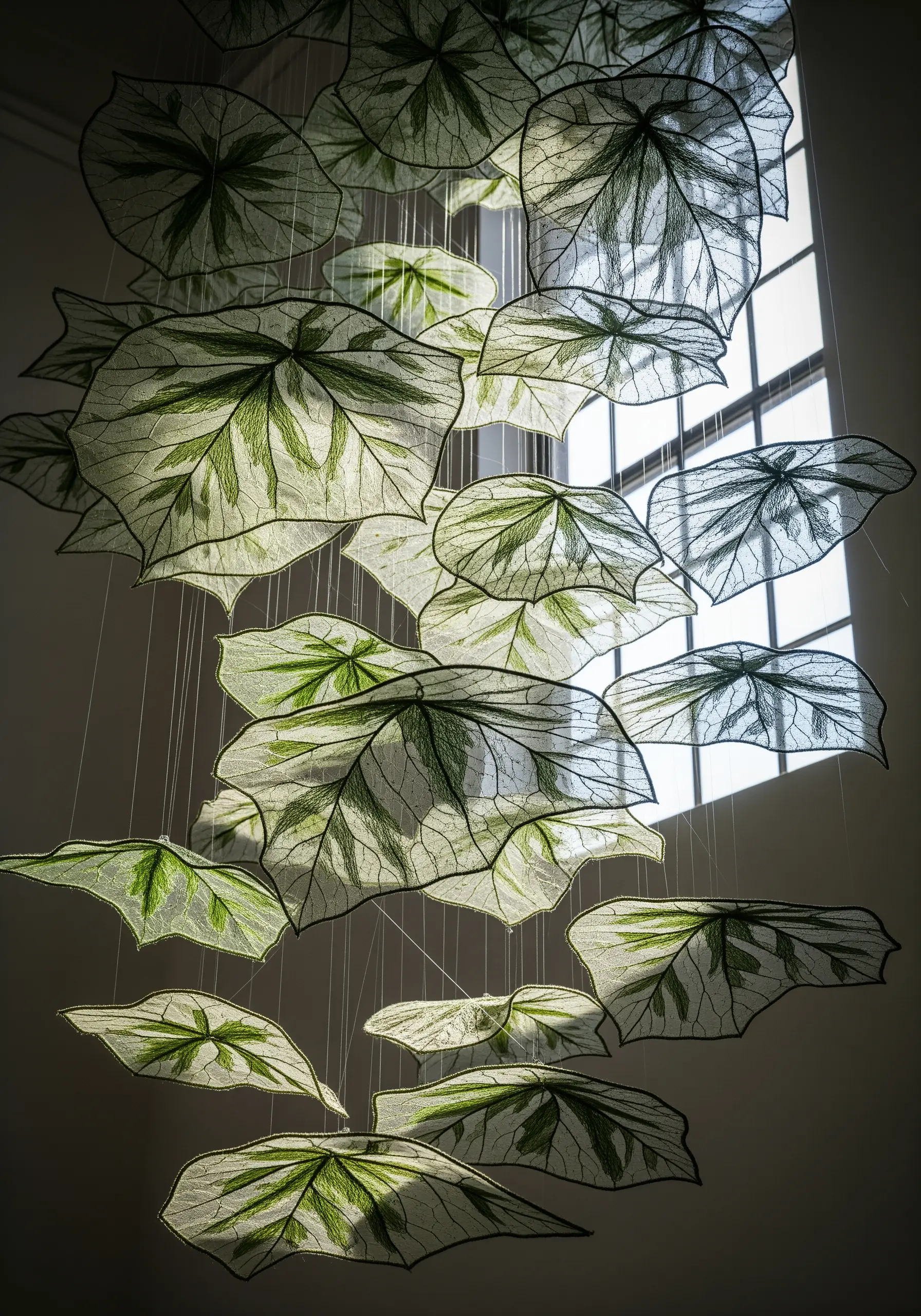 Delicate embroidered leaves made from thread hanging as a mobile, catching the light.