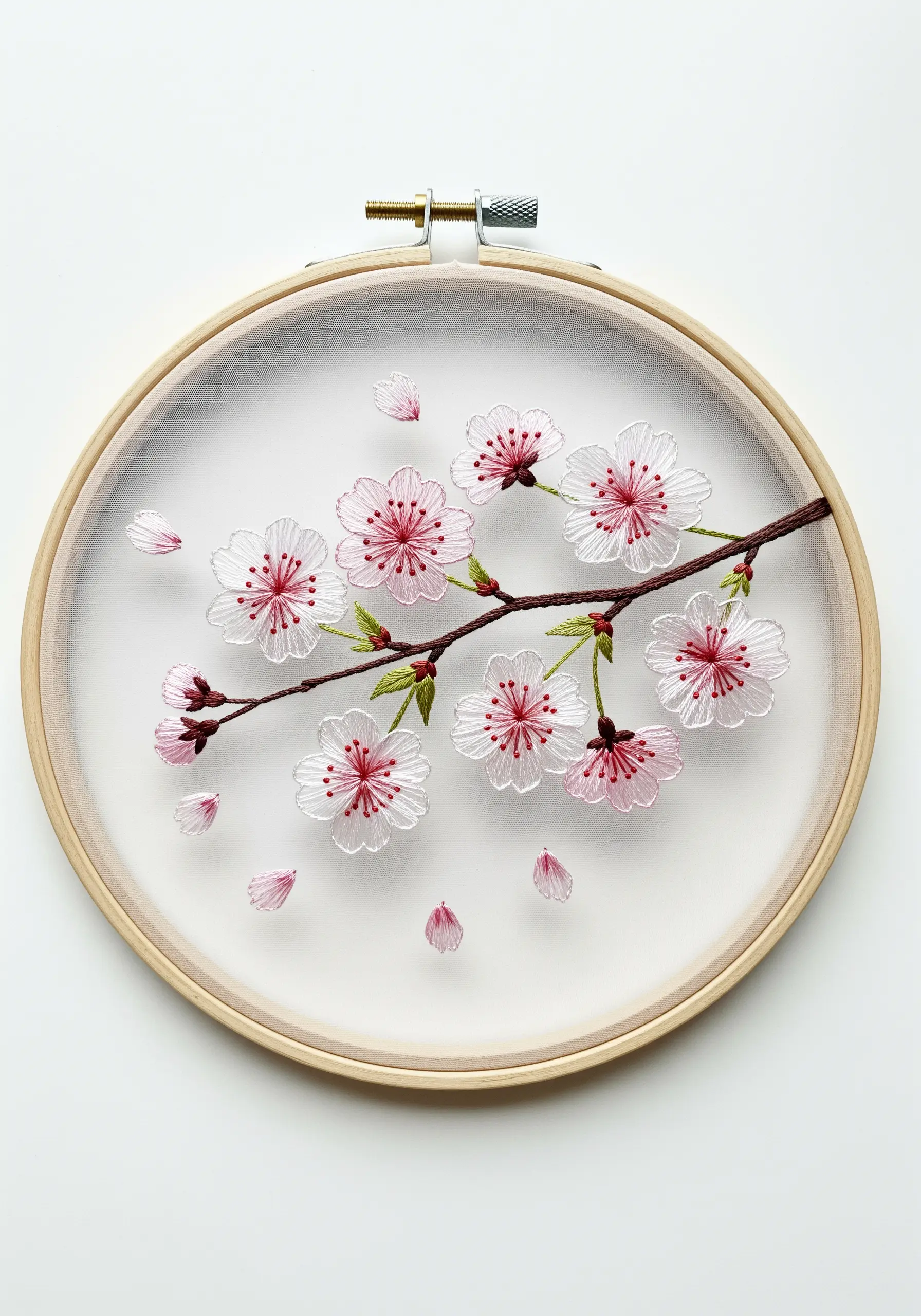 Delicate pink cherry blossom branch embroidered on transparent white tulle