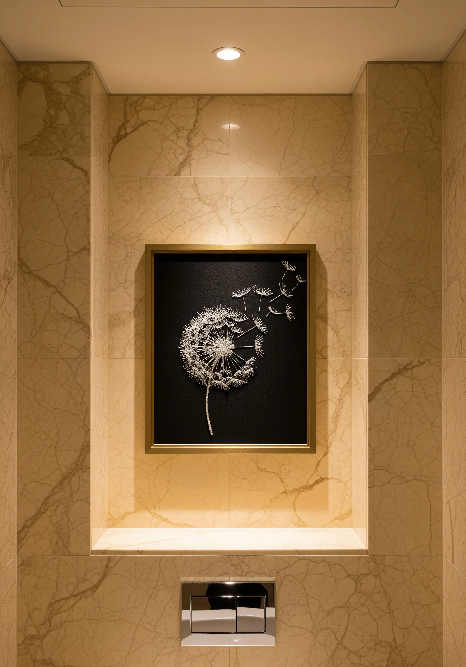A dandelion seed head embroidered in fine silver thread on black, with seeds floating away.