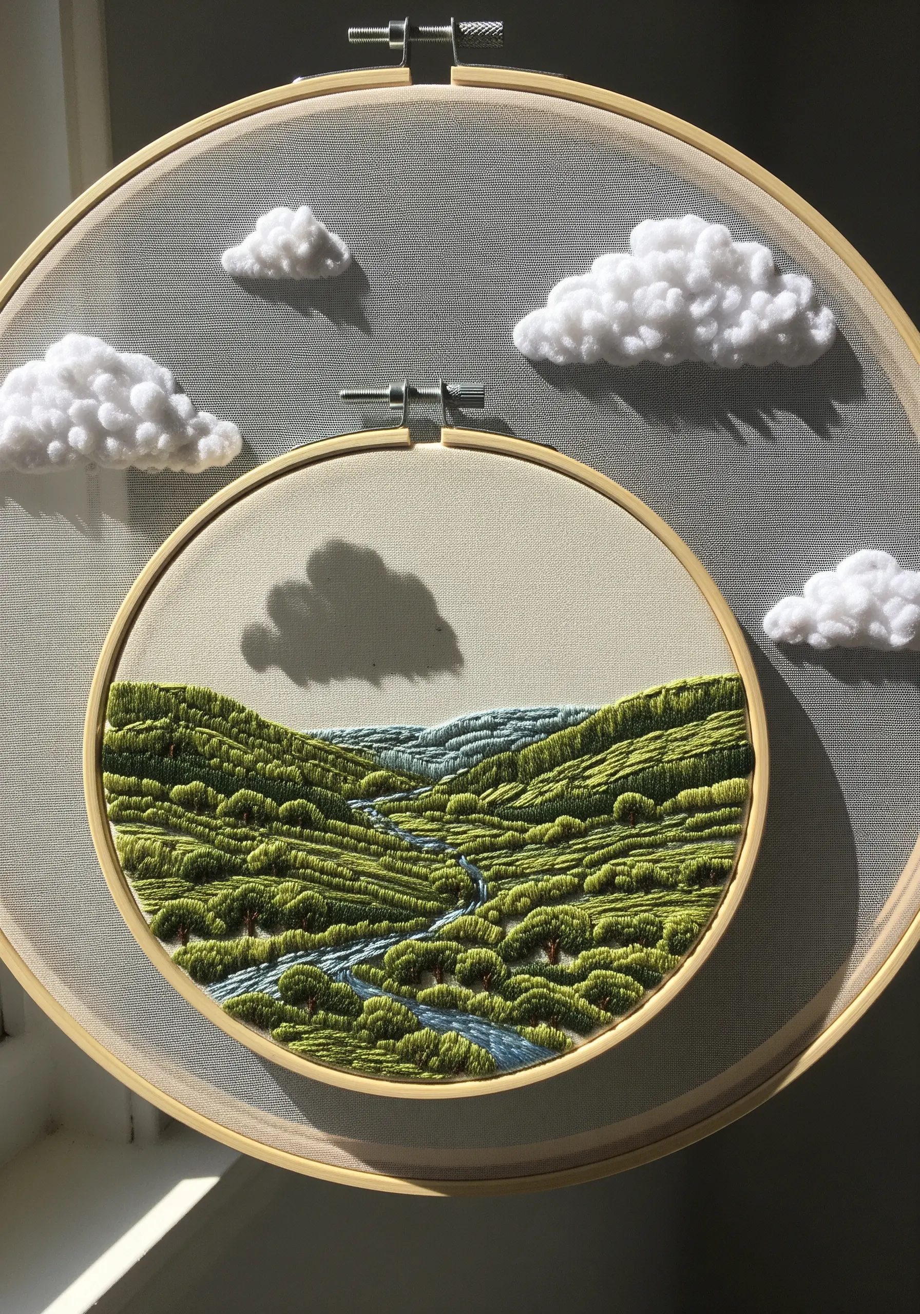 Clouds embroidered on transparent mesh fabric