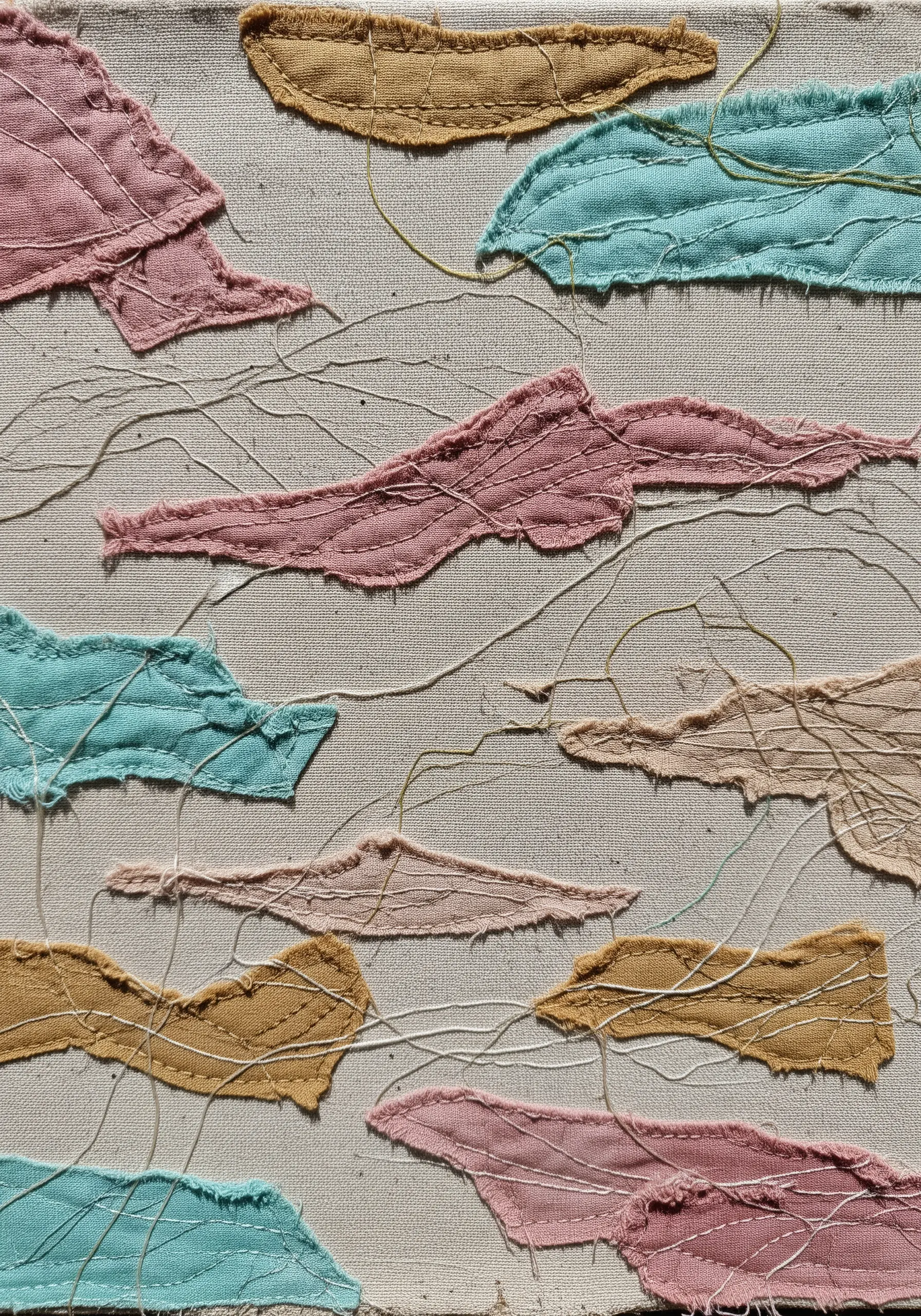 Appliquéd fabric shapes in pastel colors with delicate vein stitching on a neutral background.