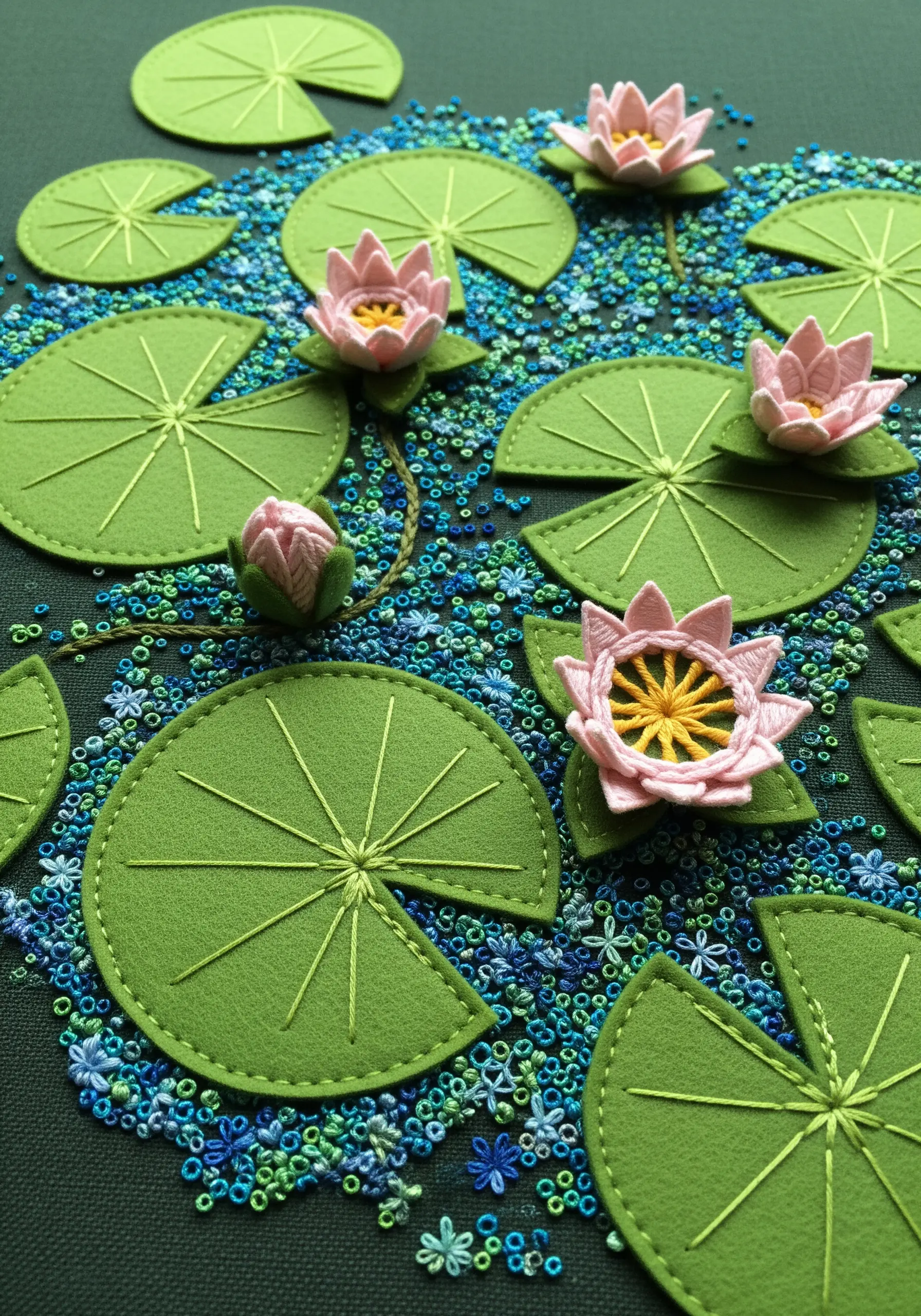 Mixed media art of pink water lilies and green felt pads on a blue French knot background.