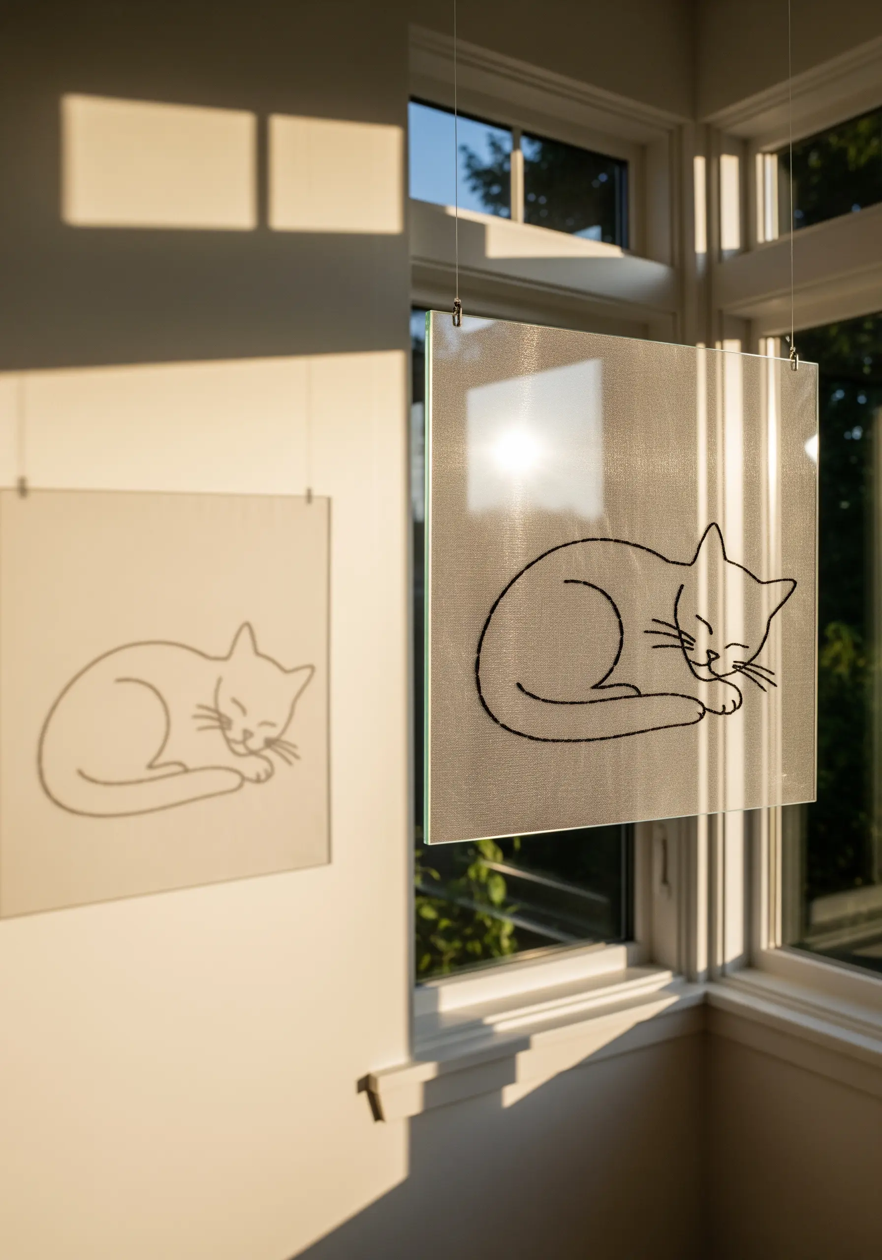 Minimalist cat line art embroidered on transparent glass frame